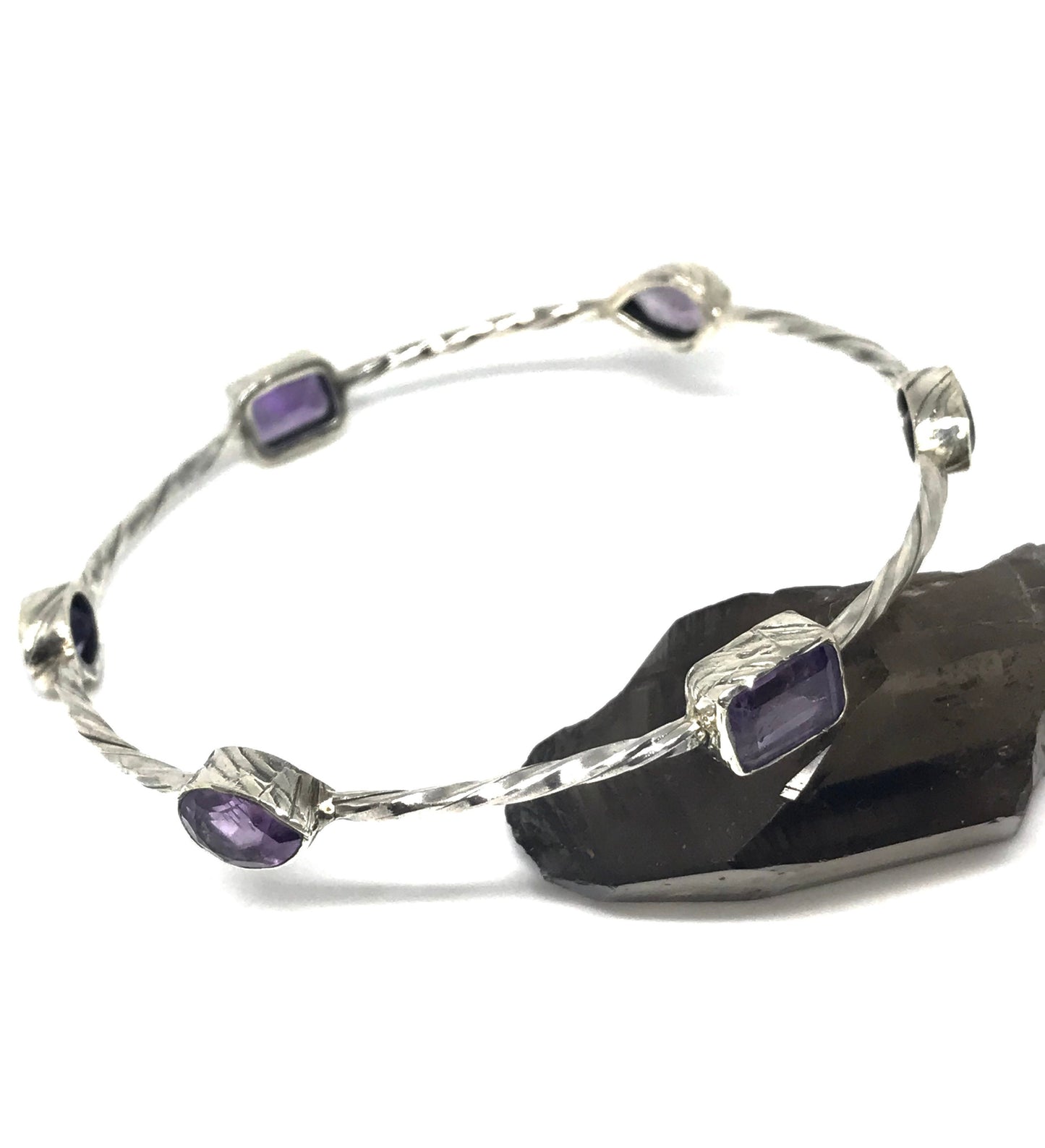 Amethyst Sterling Silver Bracelet, February Birthstone, Gemstone Dainty Bracelets For Women, Oxidized Silver, Birthday Gift, 6.5 cm diameter