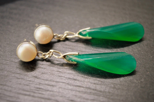 Green Onyx, Pearl Vintage Earrings, Sterling Silver Gemstone Earrings, June Birthstone Jewelry, Birthday Gifts For Her, Bridesmaid gifts