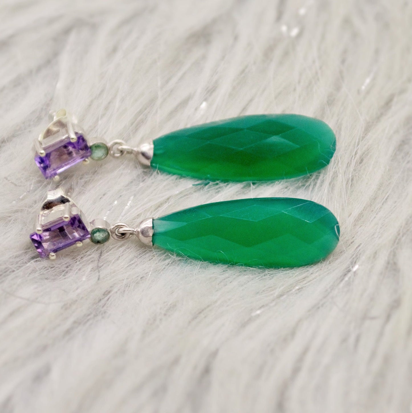 Green Onyx, Amethyst, Emerald Earrings, Sterling Silver Gemstone Earrings, February Birthstone Jewelry, Birthday Gifts For Her, Bridesmaid