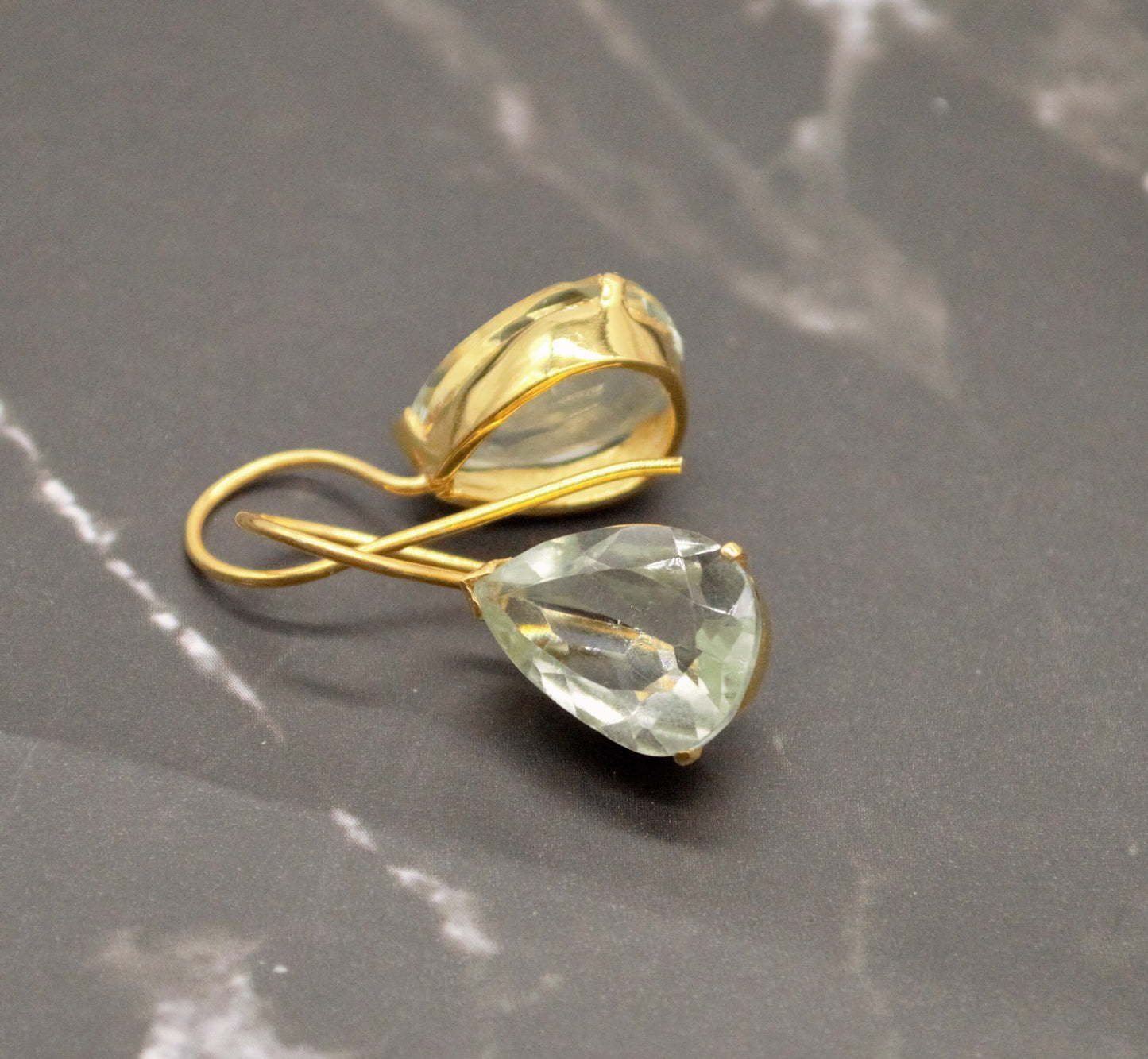 Green Amethyst Gold Earrings, Gold Plated Sterling Silver, February Birthstone Jewelry, Drop Earrings, Gemstone Dangle, Friend Birthday Gift