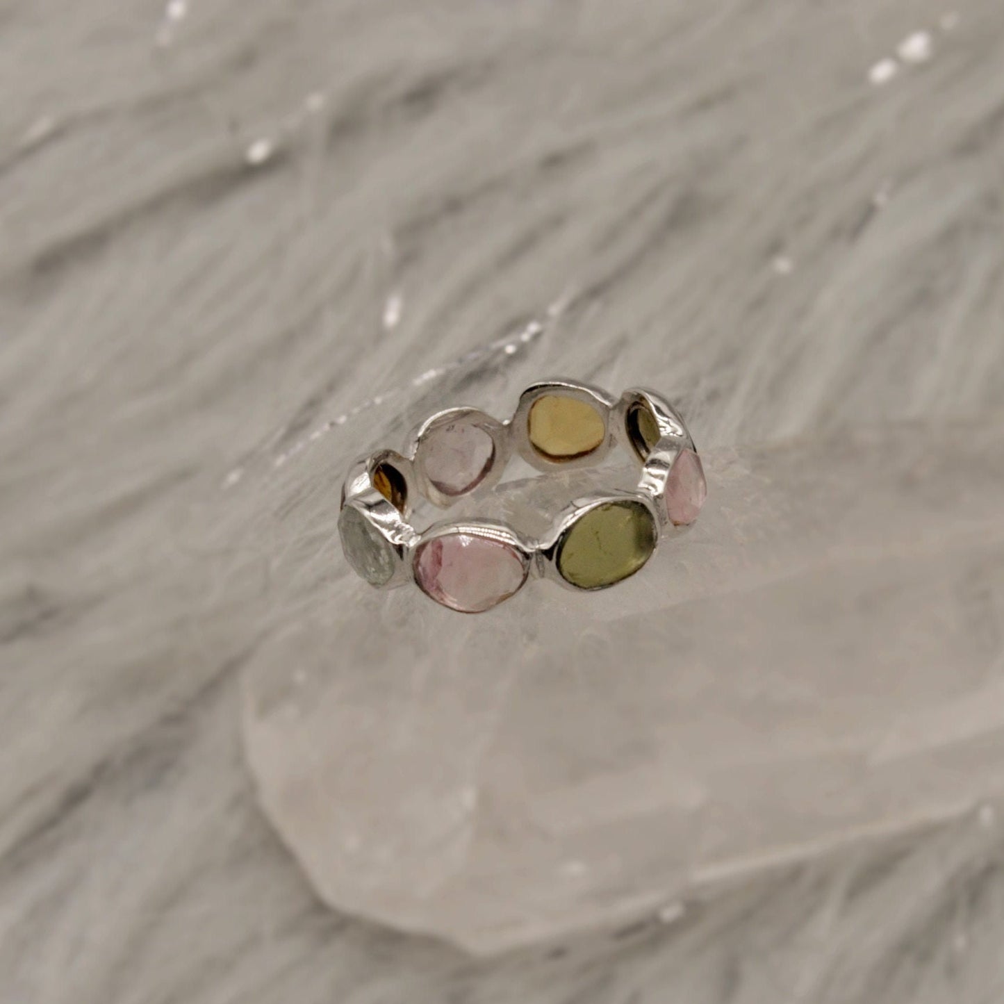 Raw Tourmaline Ring, 925 Sterling Silver Ring, Tourmaline Jewelry, October Birthstone, Raw Pink Green Gem Stone Eternity Ring, Gifts For Her