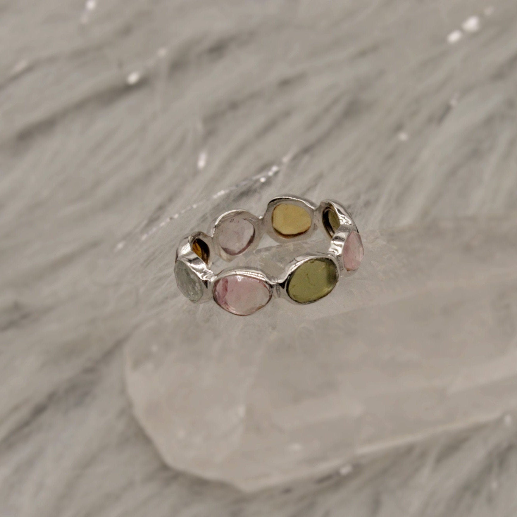 Raw Tourmaline Ring, 925 Sterling Silver Ring, Tourmaline Jewelry, October Birthstone, Raw Pink Green Gem Stone Eternity Ring, Gifts For Her