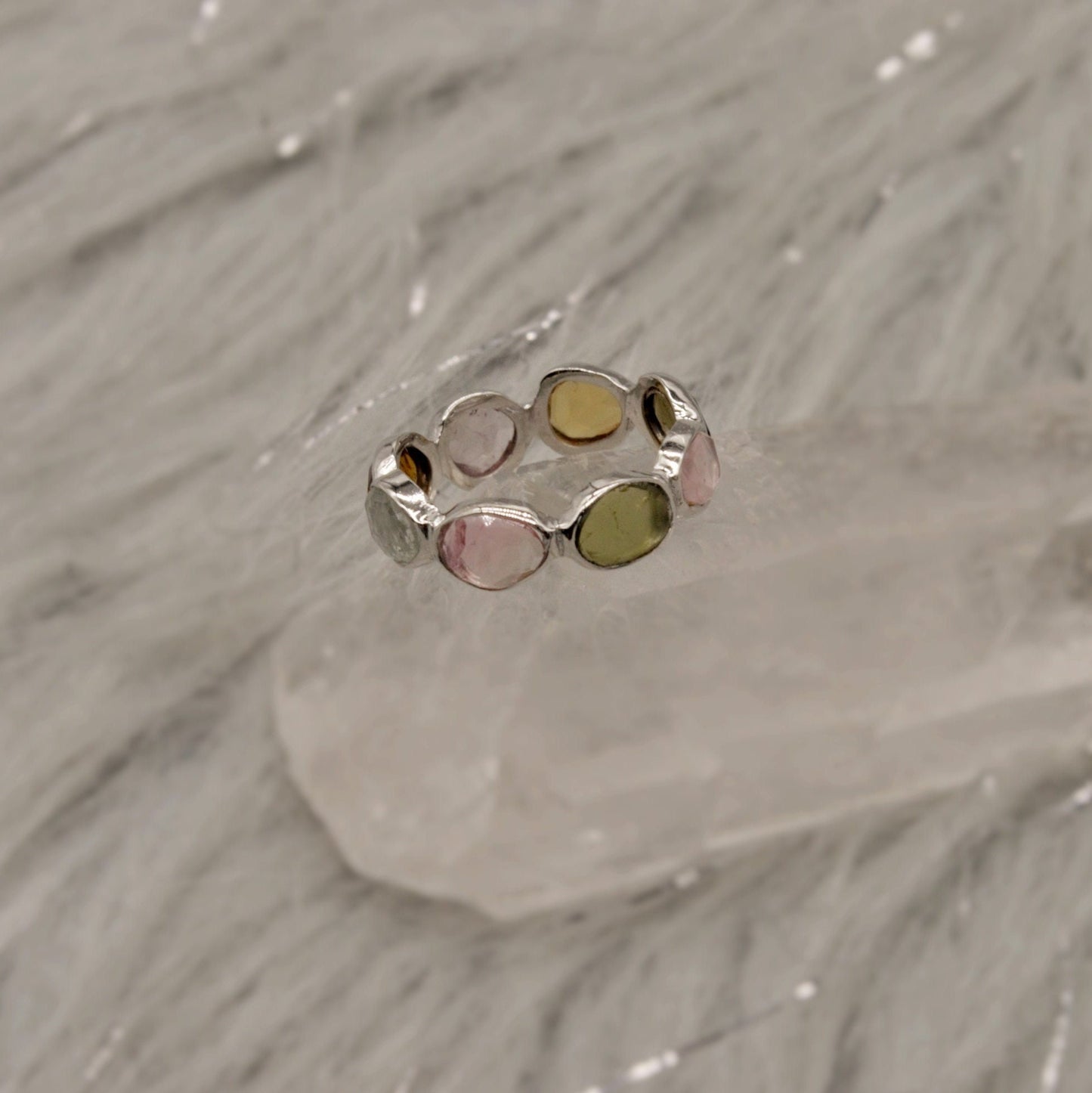 Raw Tourmaline Ring, 925 Sterling Silver Ring, Tourmaline Jewelry, October Birthstone, Raw Pink Green Gem Stone Eternity Ring, Gifts For Her