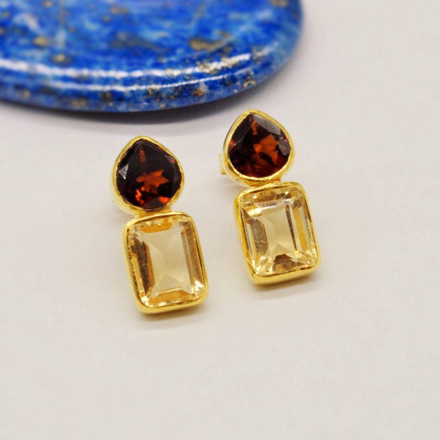 Garnet Citrine Gold Stud Earrings, Unique Gold Plated Sterling Silver Earrings, January, November Birthstone, Birthday Gifts For Her