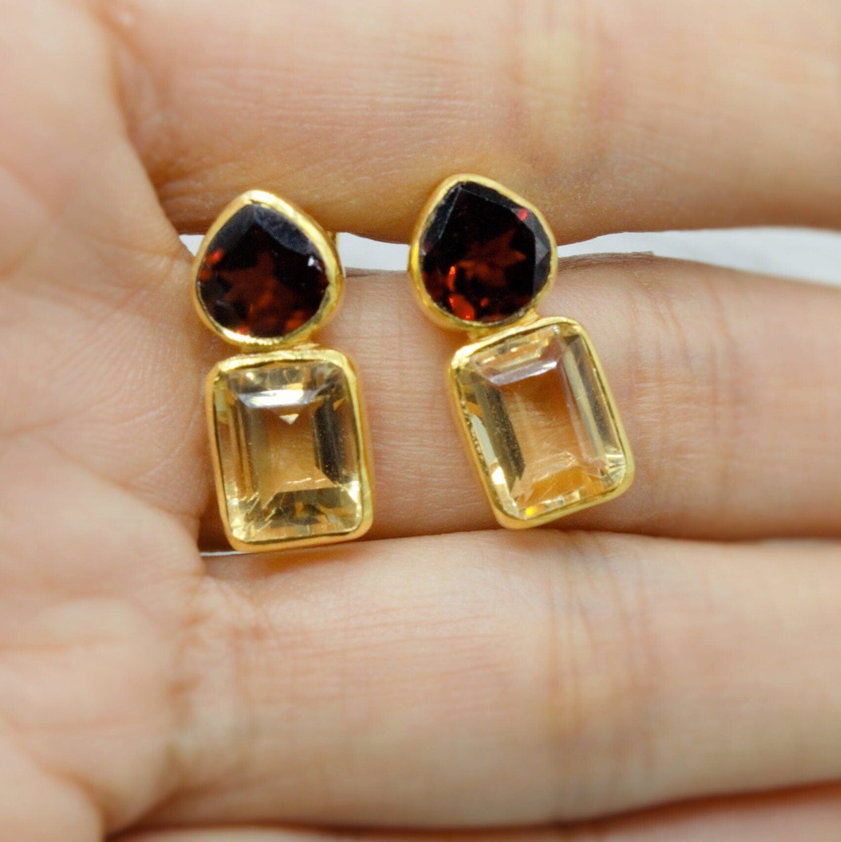 Garnet Citrine Gold Stud Earrings, Unique Gold Plated Sterling Silver Earrings, January, November Birthstone, Birthday Gifts For Her