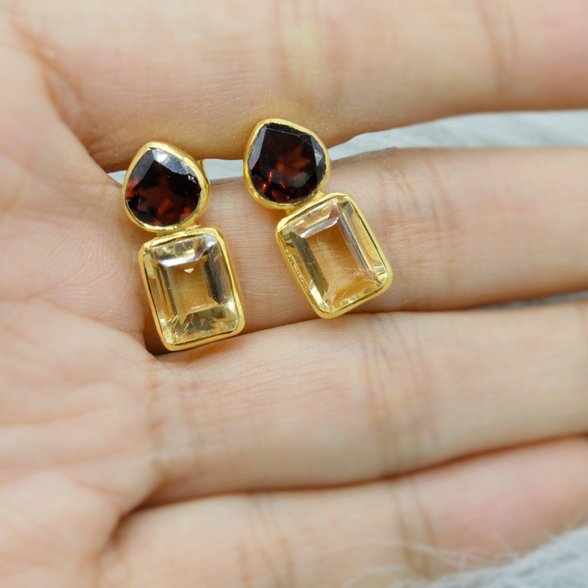 Garnet Citrine Gold Stud Earrings, Unique Gold Plated Sterling Silver Earrings, January, November Birthstone, Birthday Gifts For Her