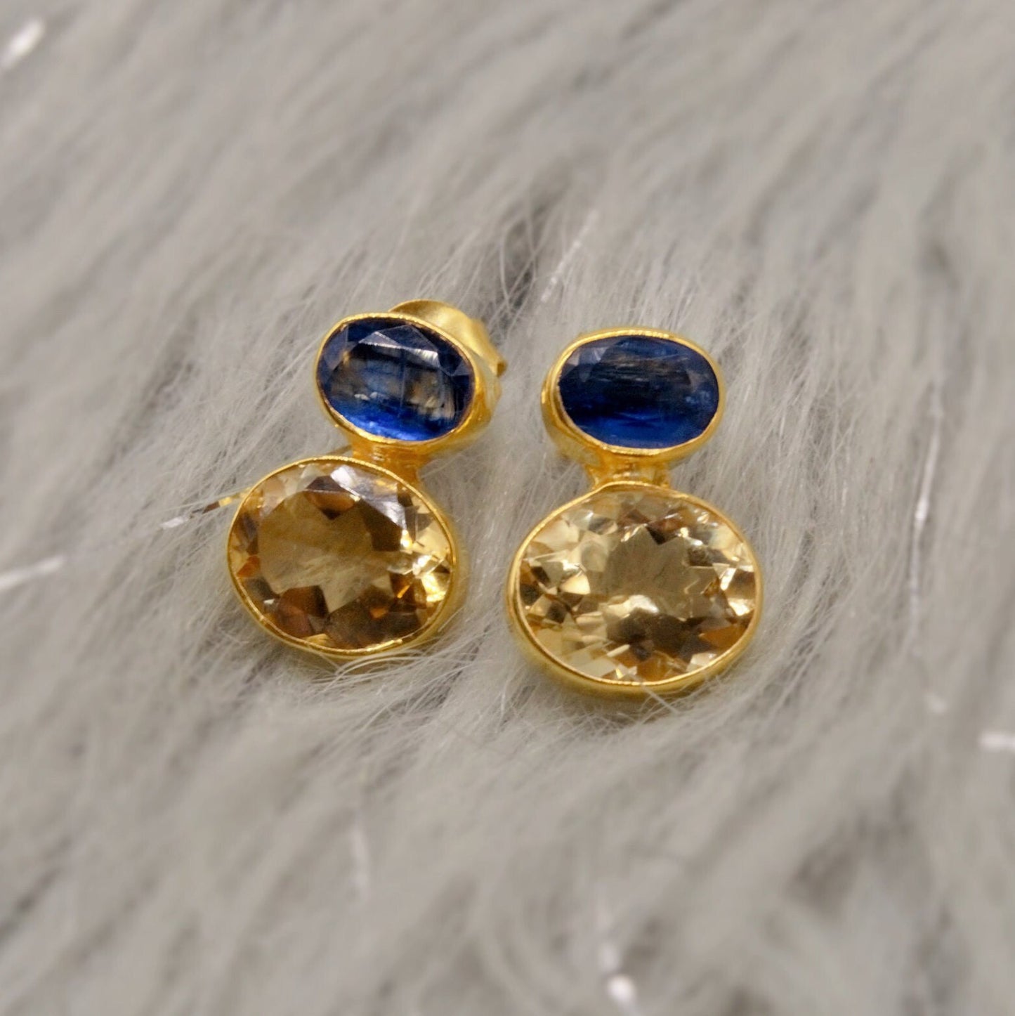 Kyanite, Citrine Gold Earrings, Gold Plated Silver Stud Earrings, Citrine Jewelry, Unique Statement Earrings, November Stone, Gift For Her