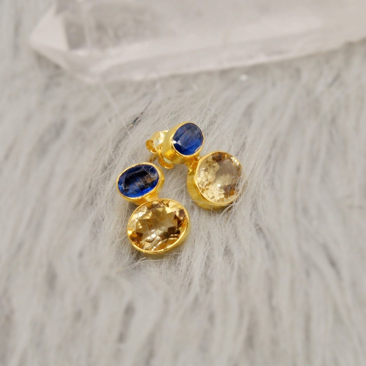 Kyanite, Citrine Gold Earrings, Gold Plated Silver Stud Earrings, Citrine Jewelry, Unique Statement Earrings, November Stone, Gift For Her