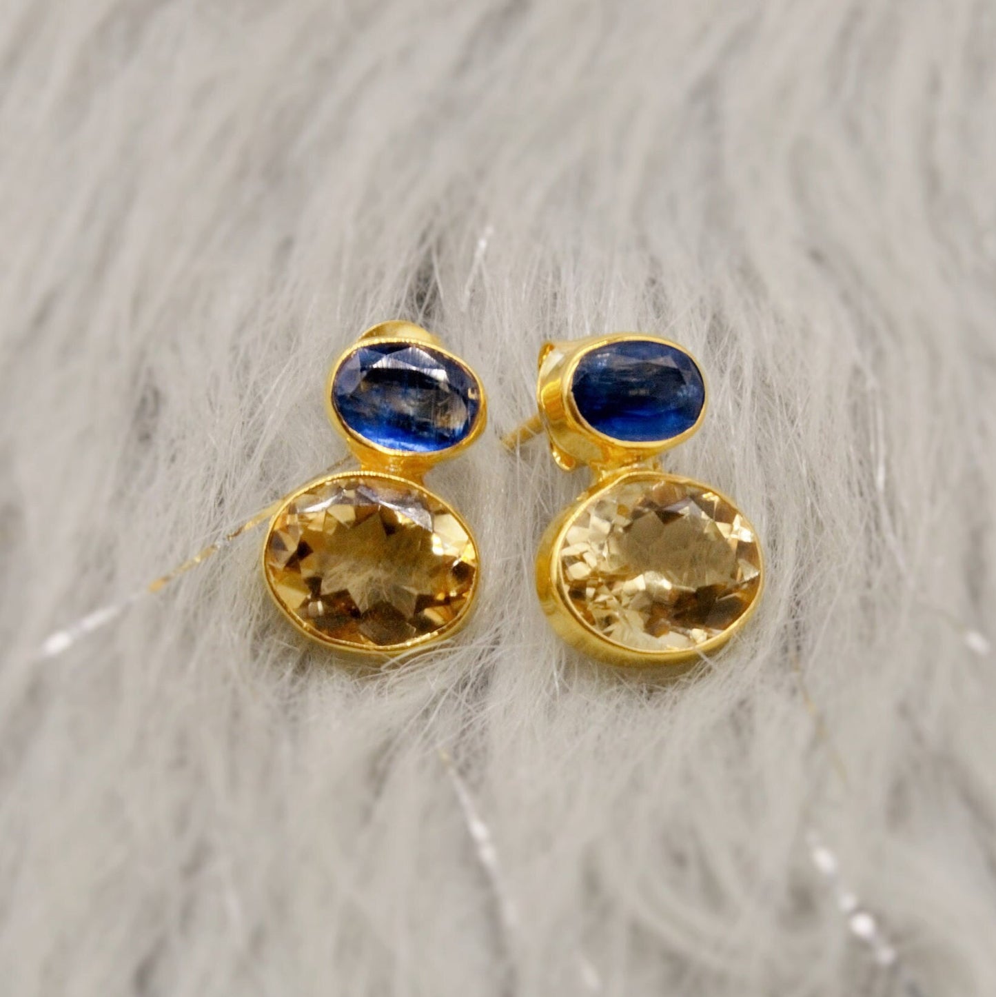 Kyanite, Citrine Gold Earrings, Gold Plated Silver Stud Earrings, Citrine Jewelry, Unique Statement Earrings, November Stone, Gift For Her