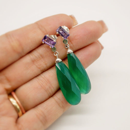 Green Onyx, Amethyst, Emerald Earrings, Sterling Silver Gemstone Earrings, February Birthstone Jewelry, Birthday Gifts For Her, Bridesmaid