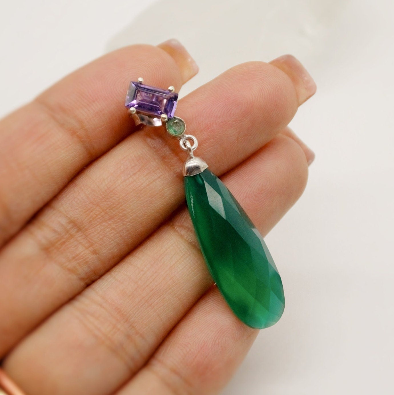 Green Onyx, Amethyst, Emerald Earrings, Sterling Silver Gemstone Earrings, February Birthstone Jewelry, Birthday Gifts For Her, Bridesmaid