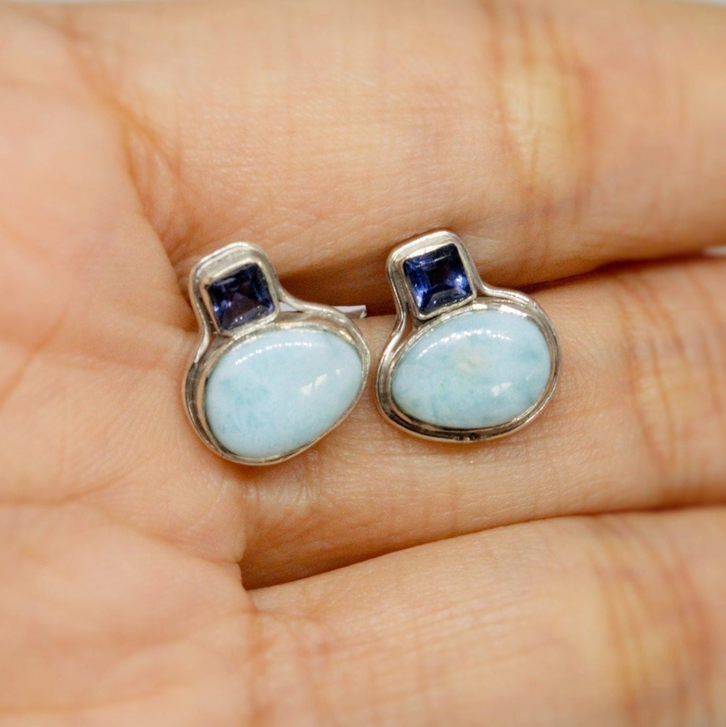 Larimar Earrings, Iolite and Larimar Gemstone, Iolite Earrings, Dainty Studs, Larimar Stud Earrings, Handmade Birthday Gift For Her