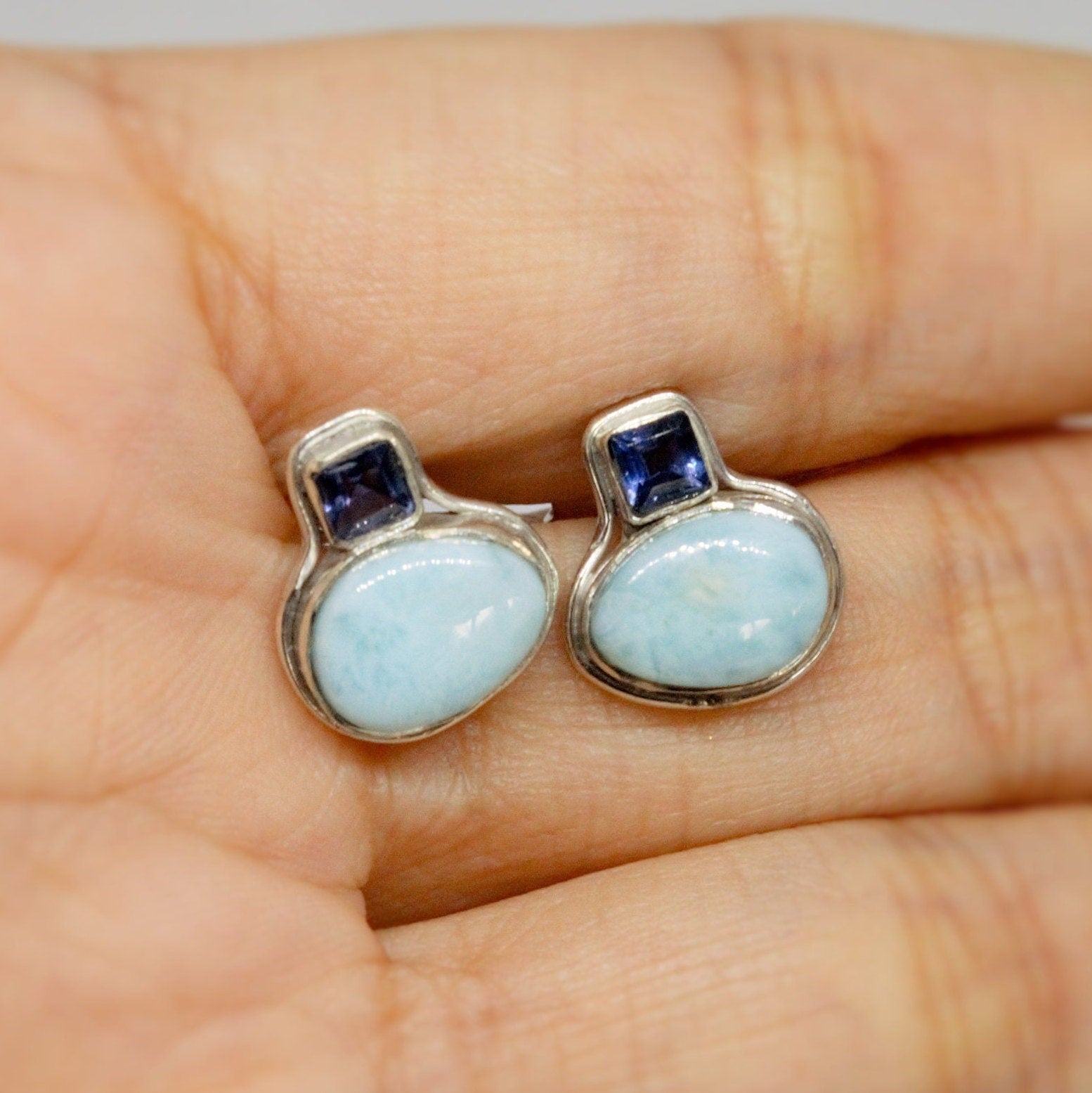 Larimar Earrings, Iolite and Larimar Gemstone, Iolite Earrings, Dainty Studs, Larimar Stud Earrings, Handmade Birthday Gift For Her