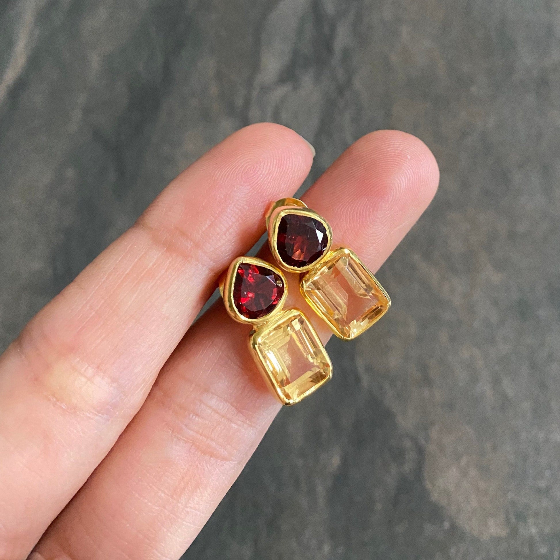 Garnet Citrine Gold Stud Earrings, Unique Gold Plated Sterling Silver Earrings, January, November Birthstone, Birthday Gifts For Her