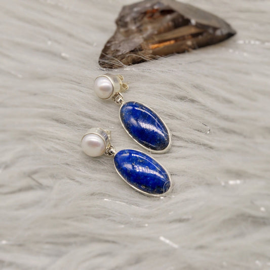 Lapis Lazuli Sterling Silver Earrings, Pearl Earrings, Handmade Blue Earrings, Gifts For Her, Women Gemstone Earrings, Birthday Gift