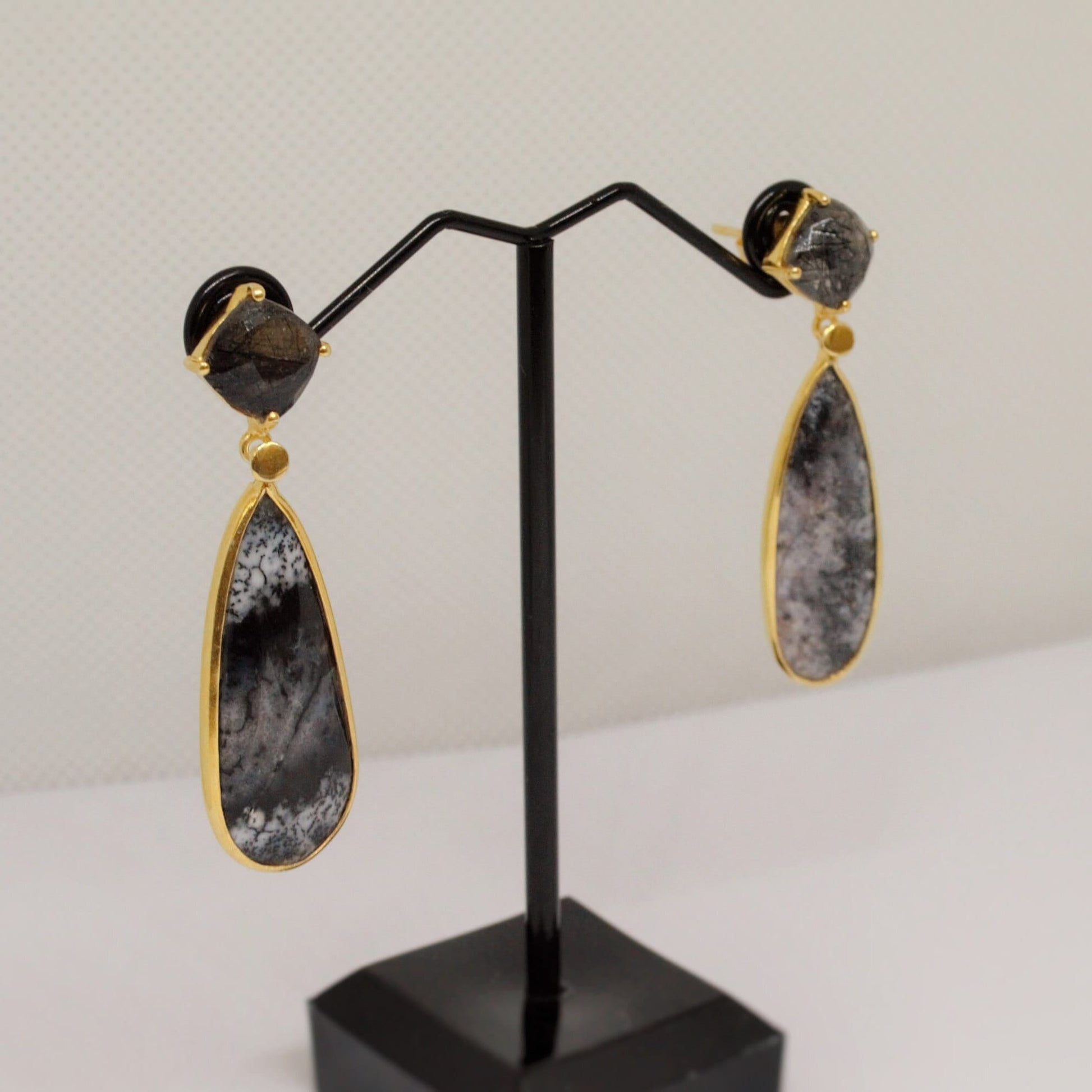 Black Rutilated Quartz Dendritic Opal Earrings, Gold Earrings, Gold Plated Sterling Silver, Gemstone Earrings