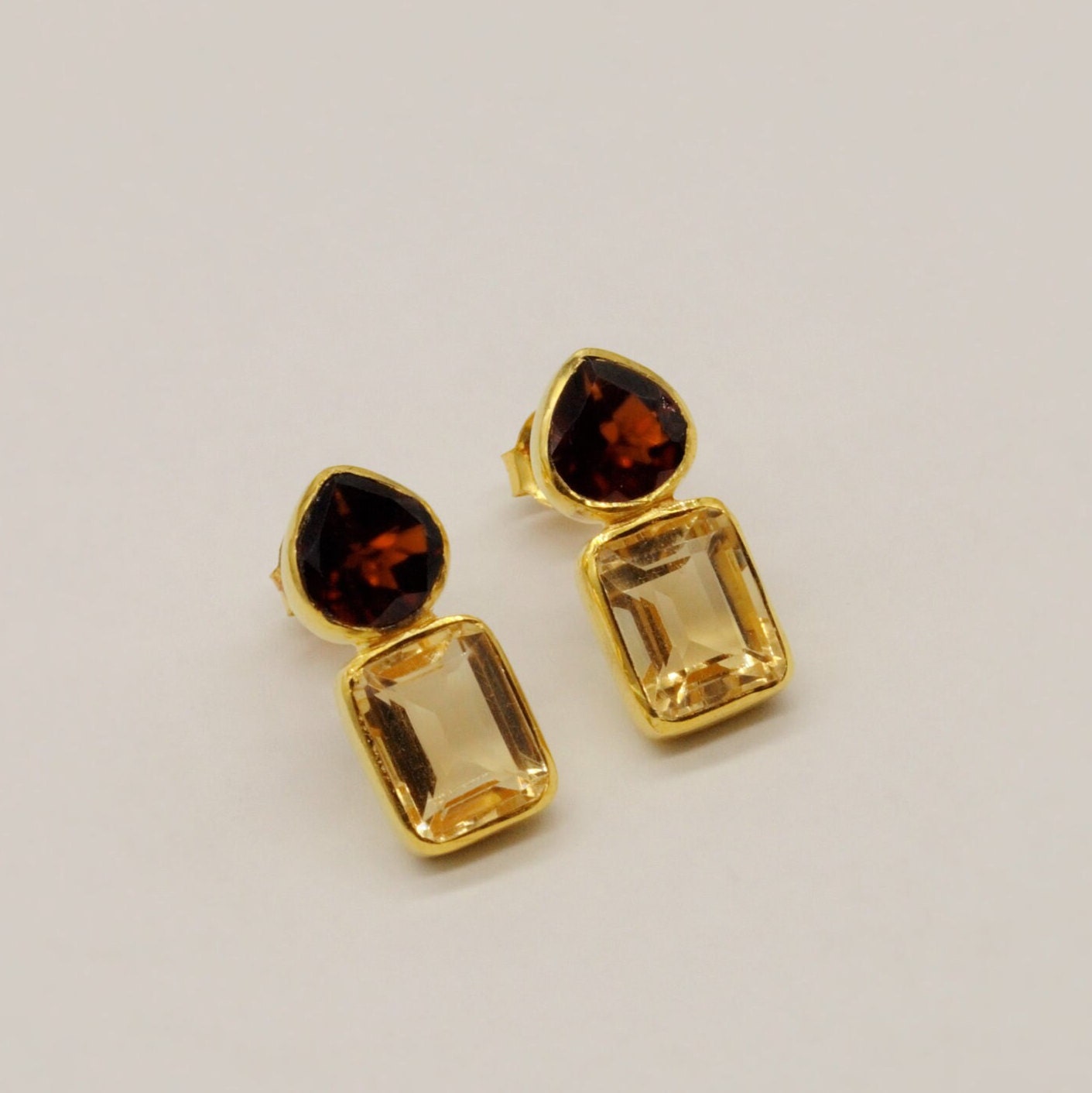 Garnet Citrine Gold Stud Earrings, Unique Gold Plated Sterling Silver Earrings, January, November Birthstone, Birthday Gifts For Her