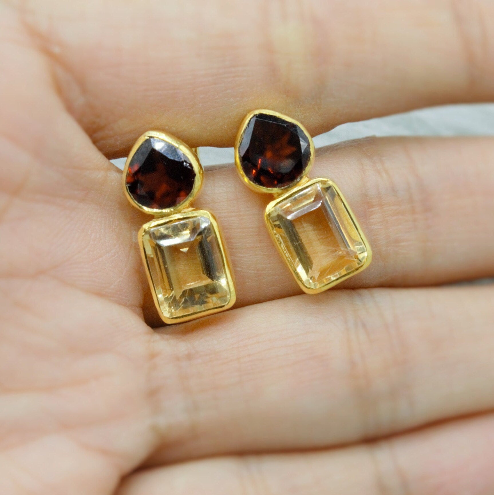 Garnet Citrine Gold Stud Earrings, Unique Gold Plated Sterling Silver Earrings, January, November Birthstone, Birthday Gifts For Her