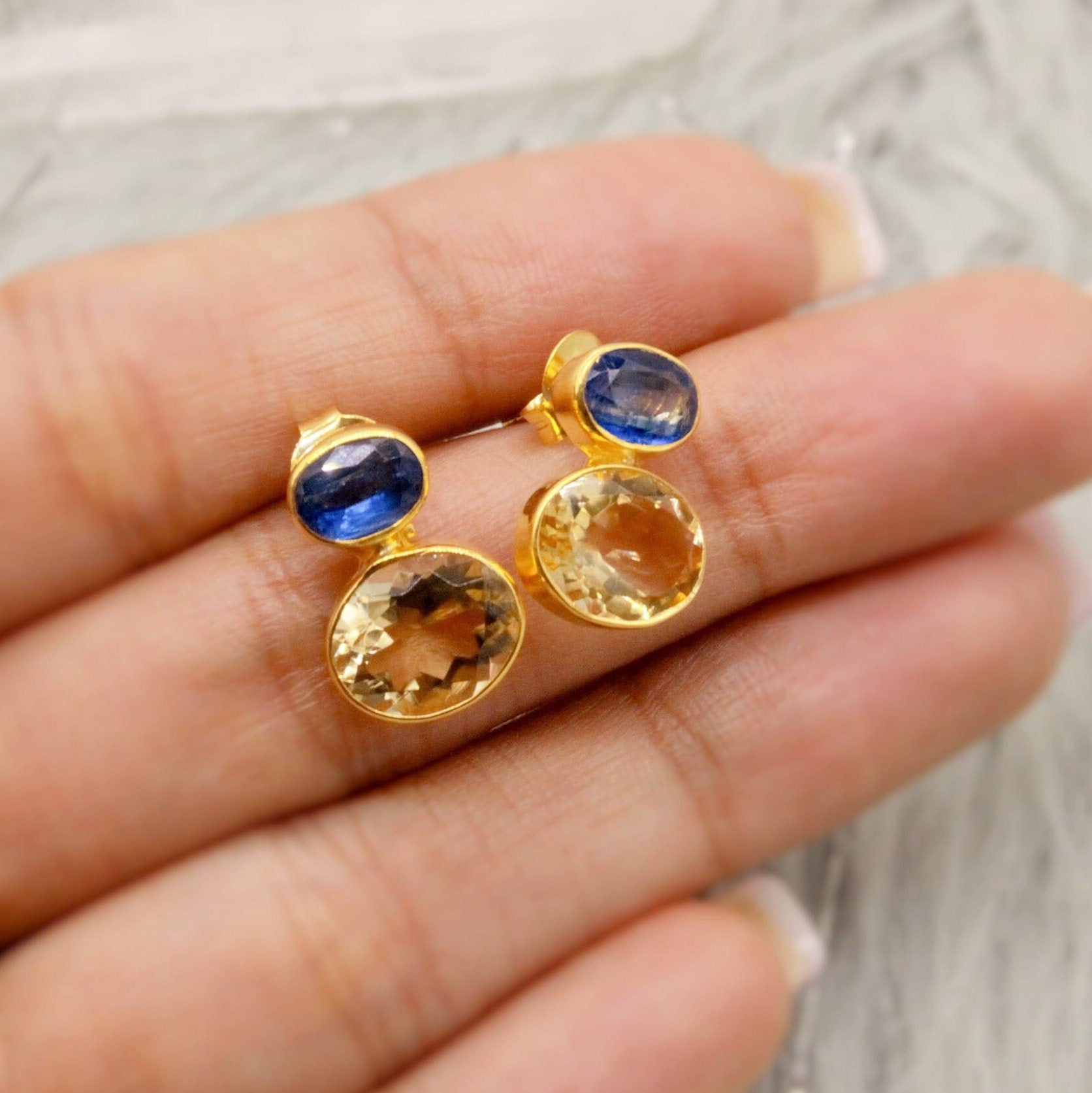 Kyanite, Citrine Gold Earrings, Gold Plated Silver Stud Earrings, Citrine Jewelry, Unique Statement Earrings, November Stone, Gift For Her