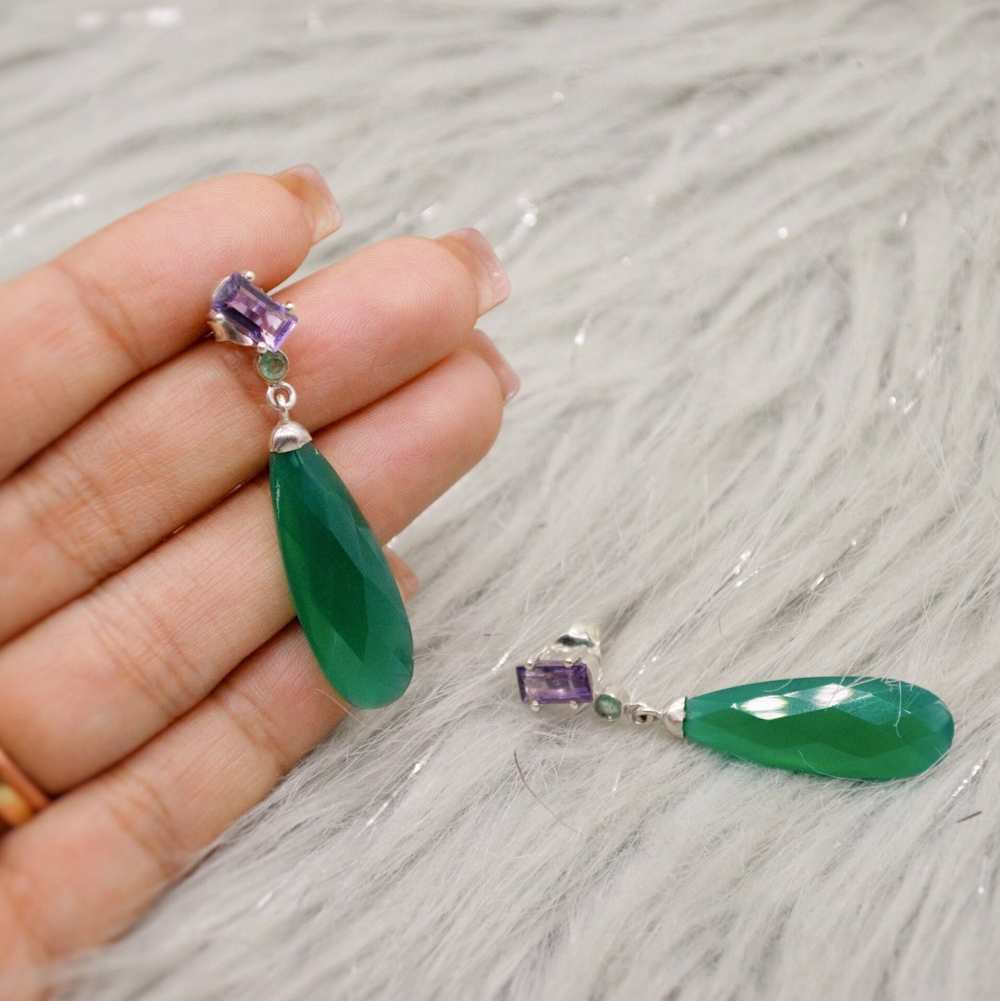 Green Onyx, Amethyst, Emerald Earrings, Sterling Silver Gemstone Earrings, February Birthstone Jewelry, Birthday Gifts For Her, Bridesmaid