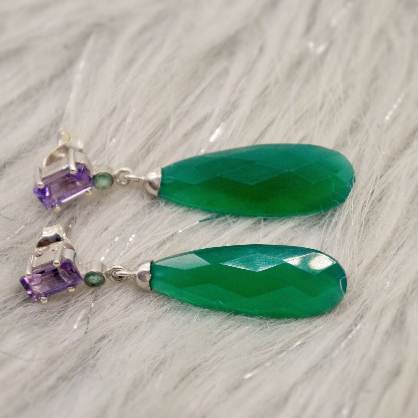 Green Onyx, Amethyst, Emerald Earrings, Sterling Silver Gemstone Earrings, February Birthstone Jewelry, Birthday Gifts For Her, Bridesmaid