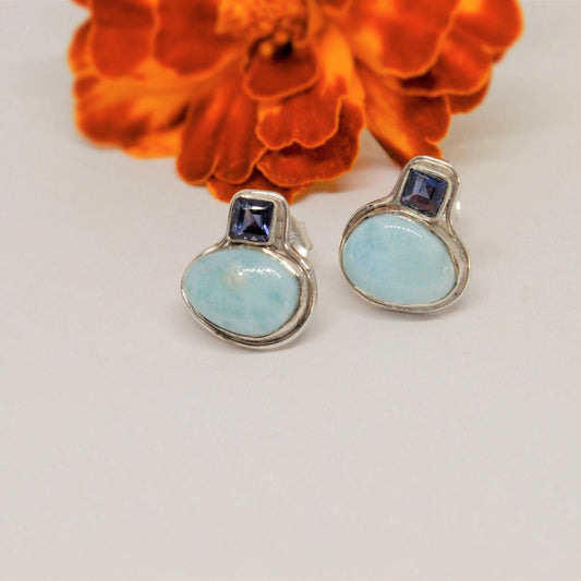 Larimar Earrings, Iolite and Larimar Gemstone, Iolite Earrings, Dainty Studs, Larimar Stud Earrings, Handmade Birthday Gift For Her