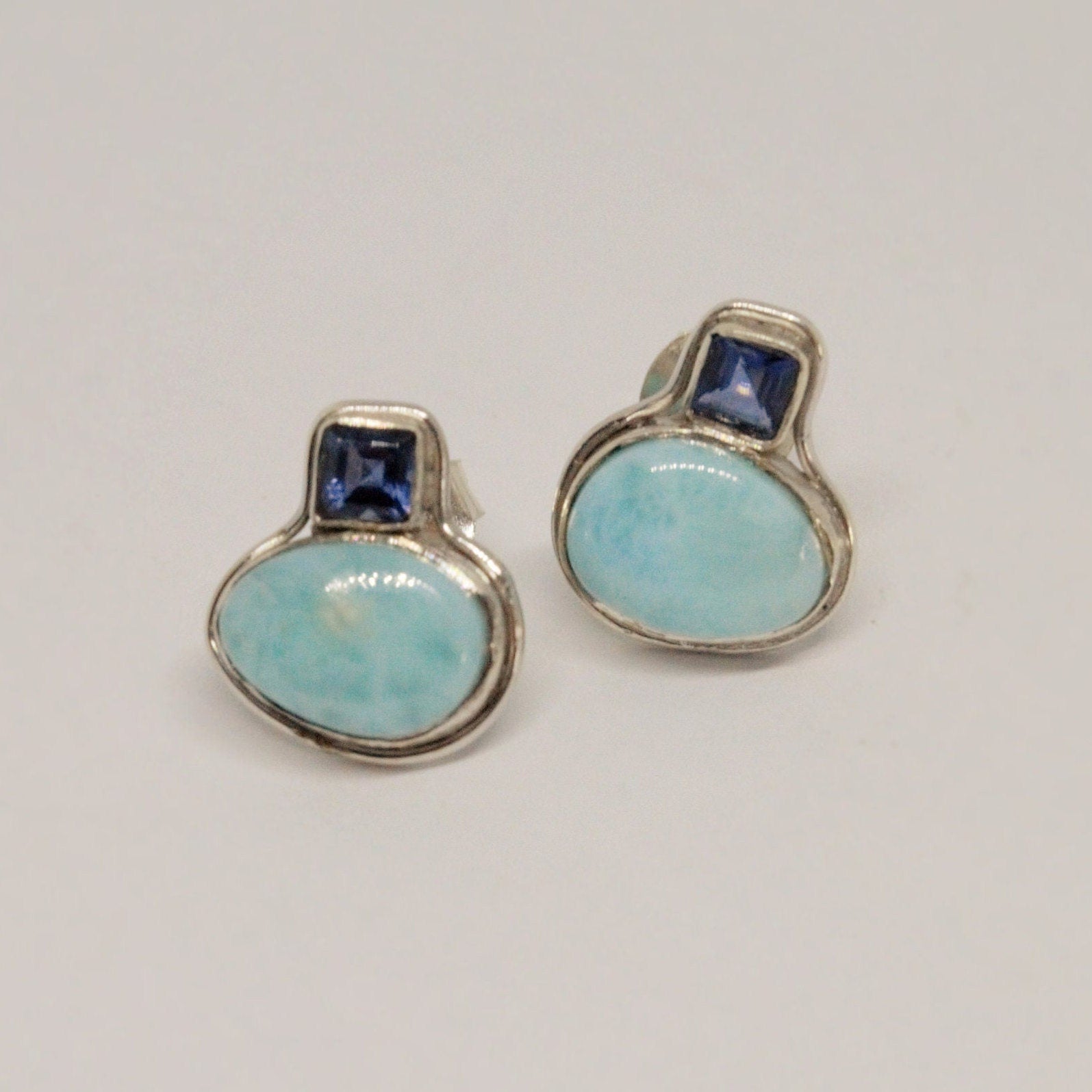 Larimar Earrings, Iolite and Larimar Gemstone, Iolite Earrings, Dainty Studs, Larimar Stud Earrings, Handmade Birthday Gift For Her