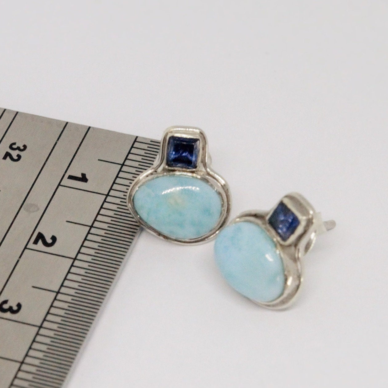 Larimar Earrings, Iolite and Larimar Gemstone, Iolite Earrings, Dainty Studs, Larimar Stud Earrings, Handmade Birthday Gift For Her