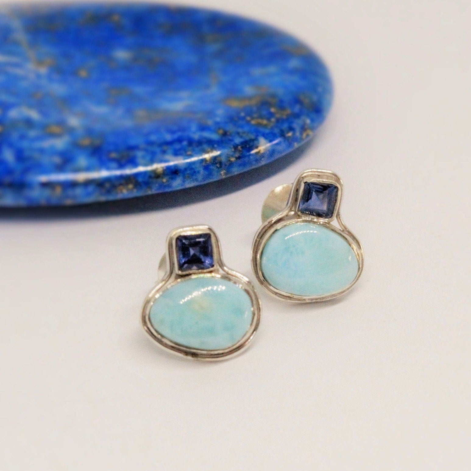 Larimar Earrings, Iolite and Larimar Gemstone, Iolite Earrings, Dainty Studs, Larimar Stud Earrings, Handmade Birthday Gift For Her