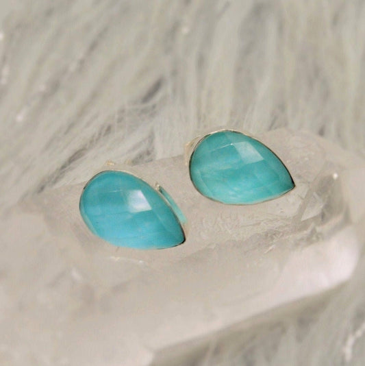 Blue Turquoise Stud Earrings, Sterling Silver Earrings, Dainty Gemstone Boho Earrings, December Birthstone, Birthday Gifts For Her