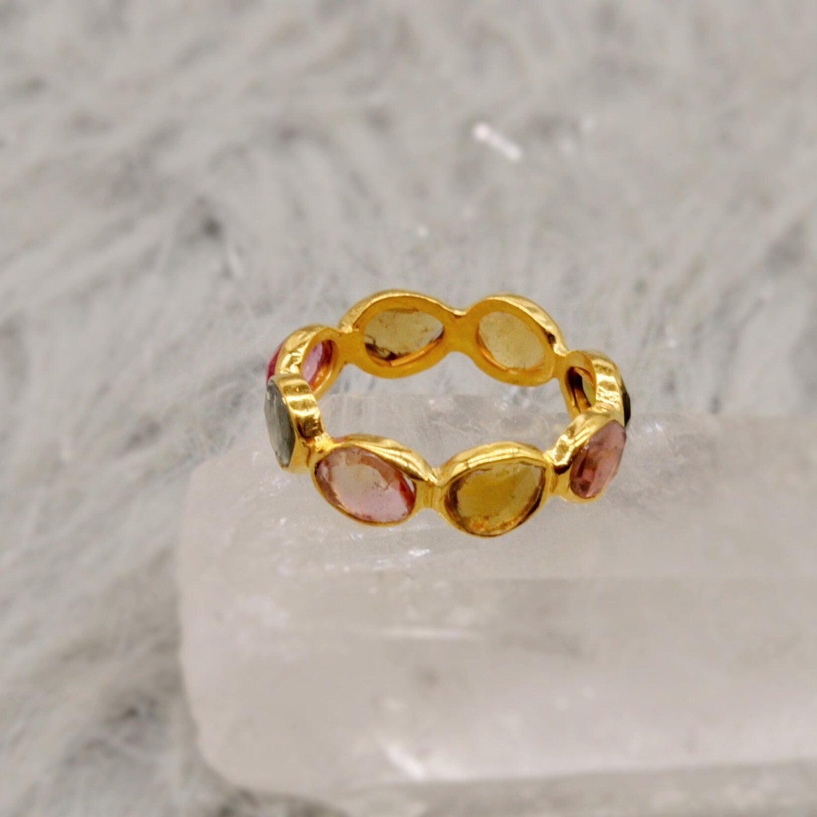 Tourmaline Ring, Stacking Gold Ring, Raw Gem Ring, Green, Pink Tourmaline Jewelry, Gift For Her, Rings for Women, October Birthstone