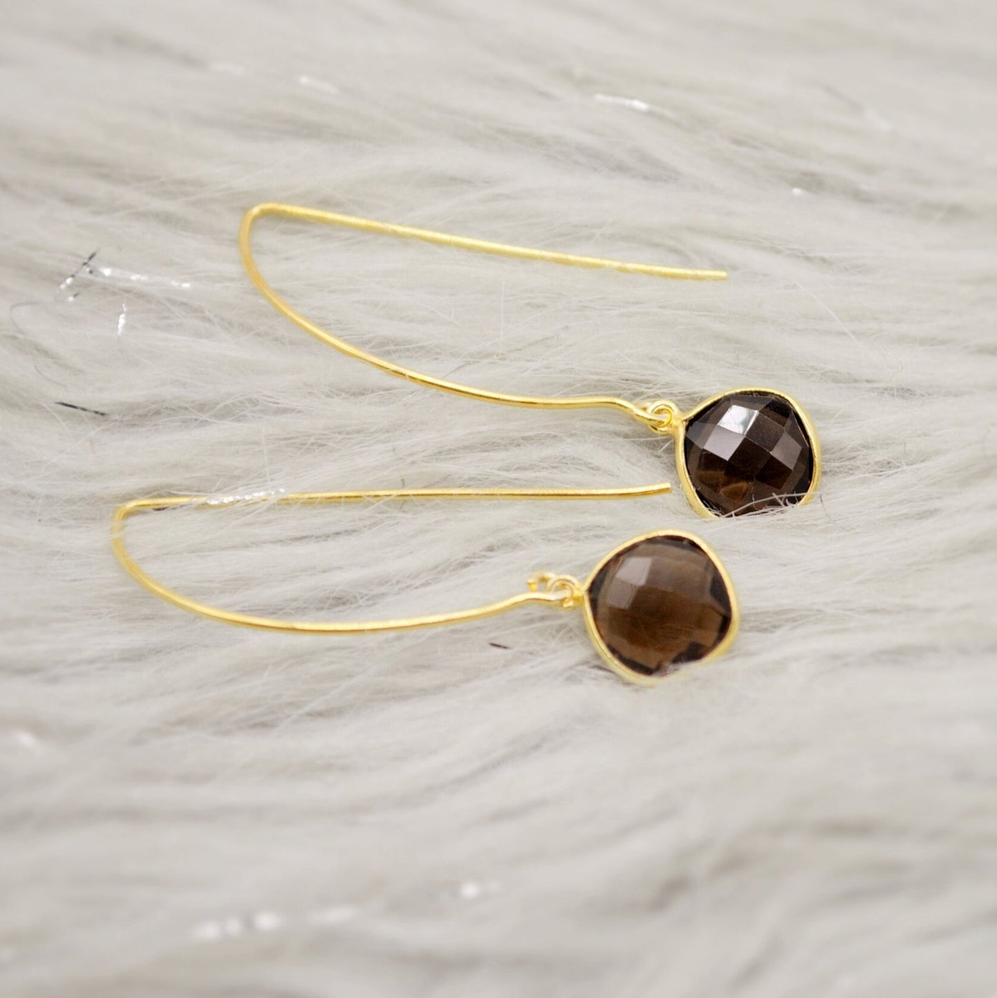 Smoky Quartz Gold Earrings, Black Quartz Dangle Drop Earrings, Smokey Quartz Jewelry, Birthday Gift For Her