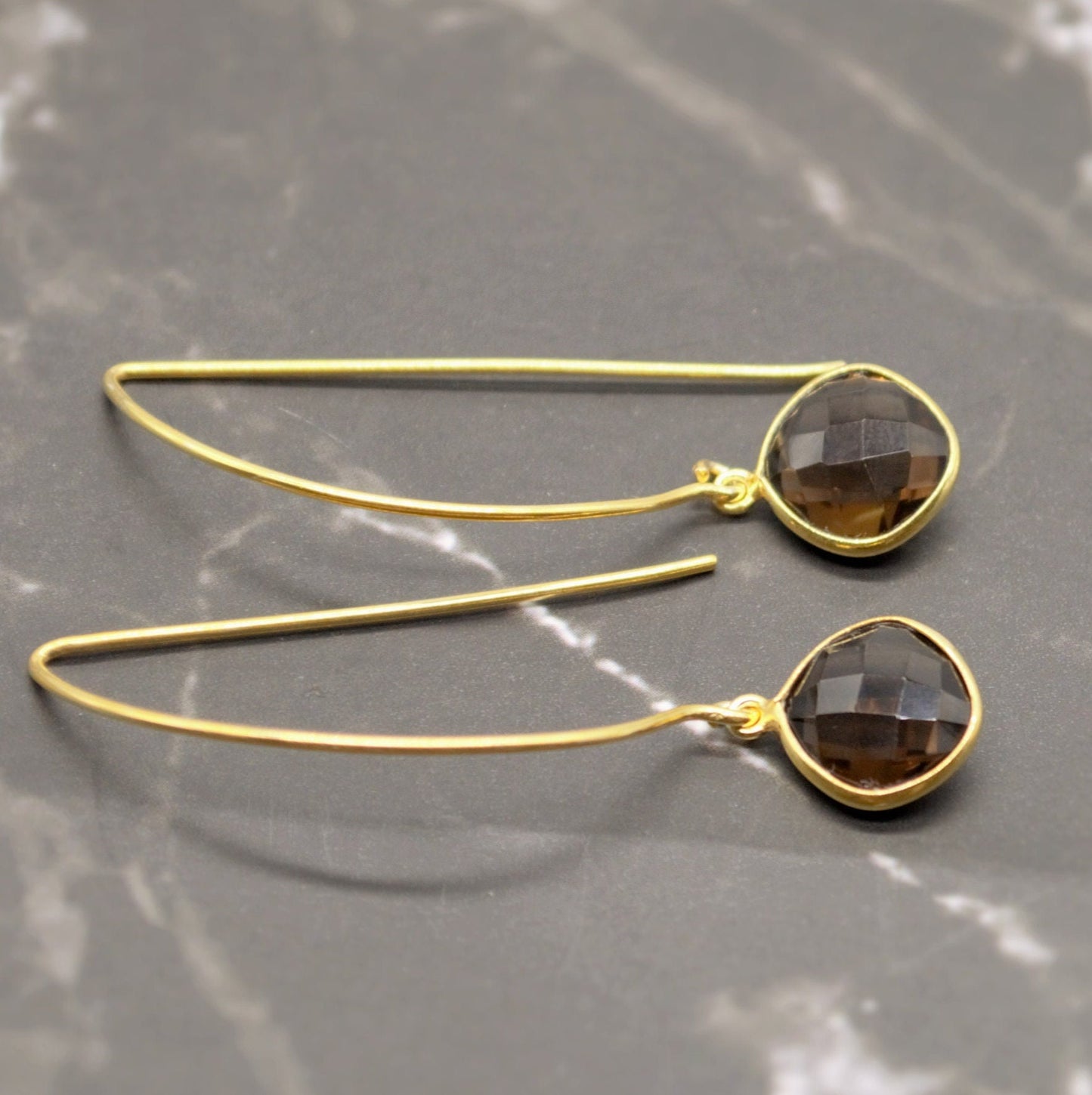 Smoky Quartz Gold Earrings, Black Quartz Dangle Drop Earrings, Smokey Quartz Jewelry, Birthday Gift For Her