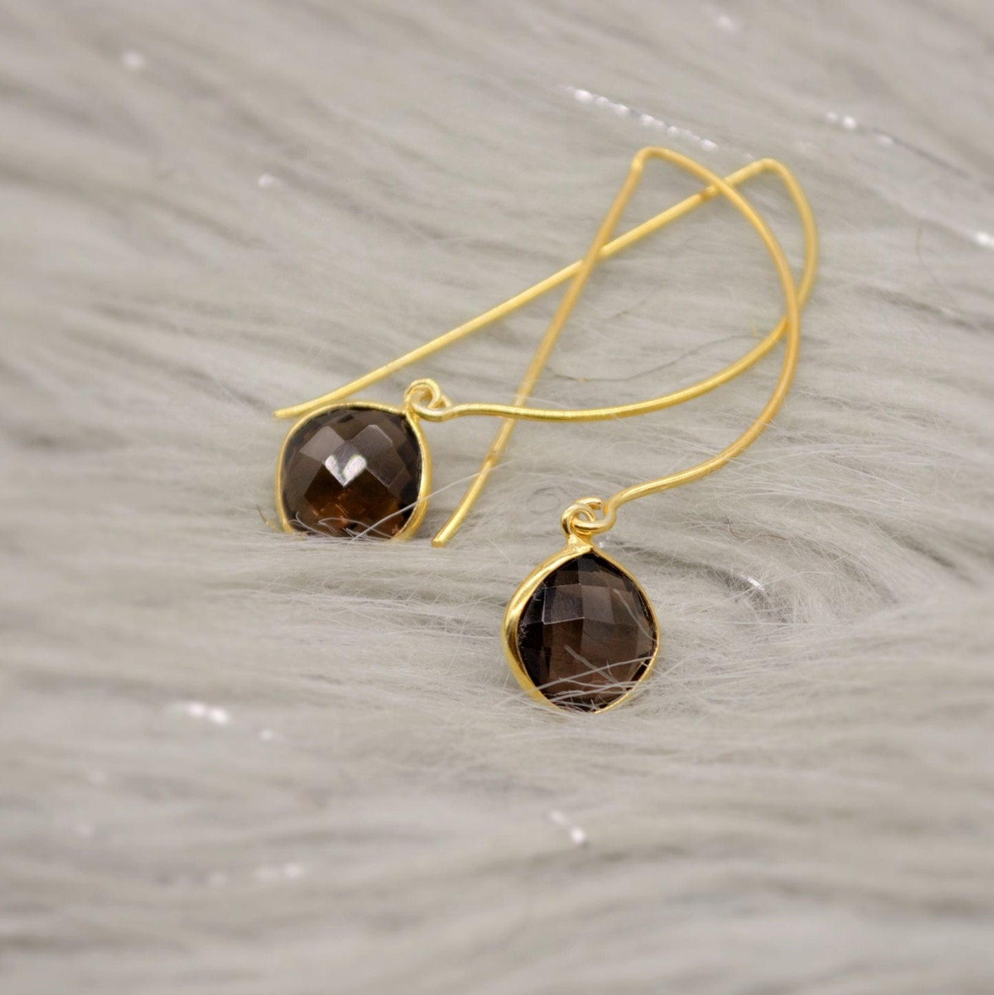 Smoky Quartz Gold Earrings, Black Quartz Dangle Drop Earrings, Smokey Quartz Jewelry, Birthday Gift For Her