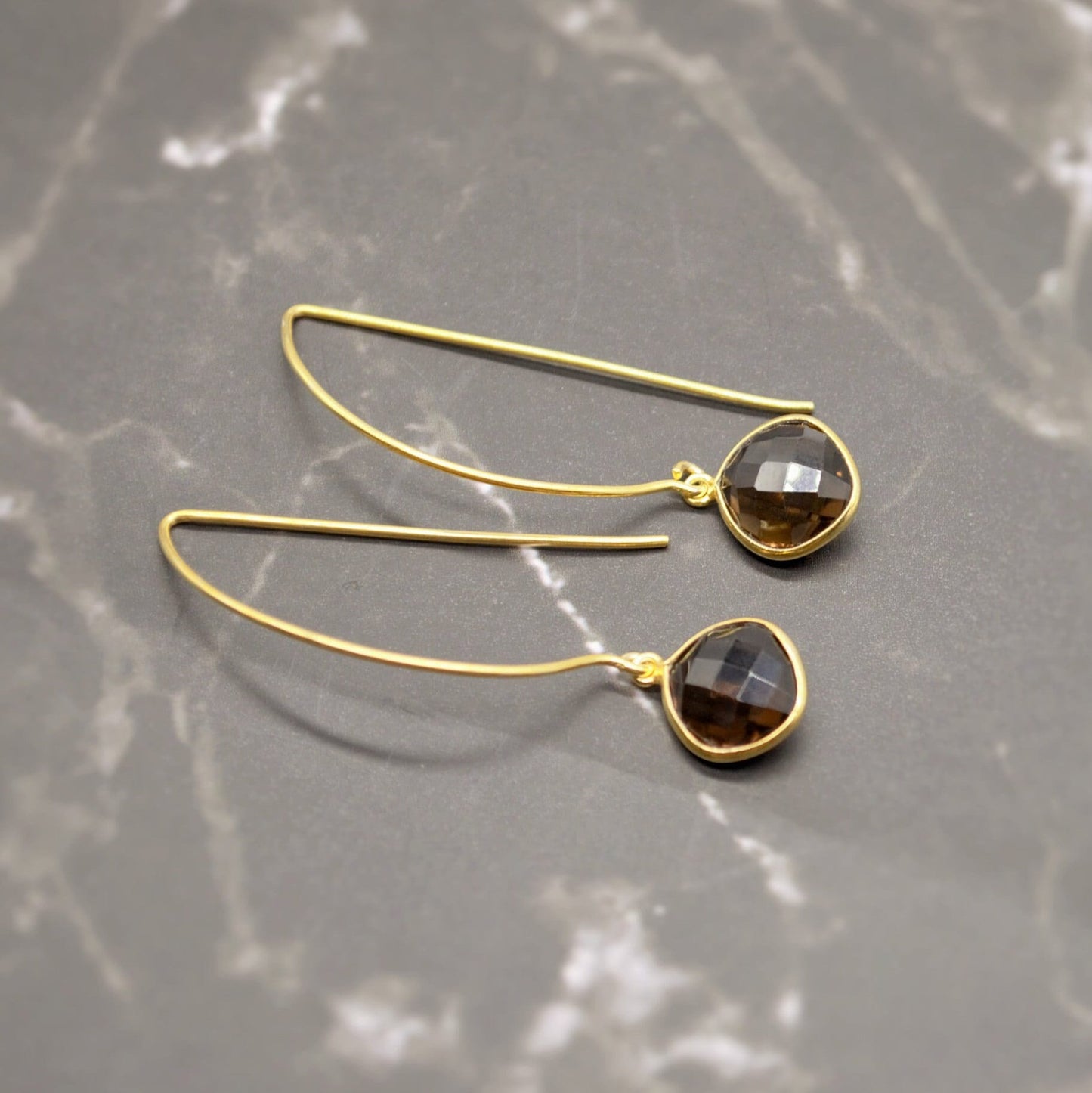 Smoky Quartz Gold Earrings, Black Quartz Dangle Drop Earrings, Smokey Quartz Jewelry, Birthday Gift For Her