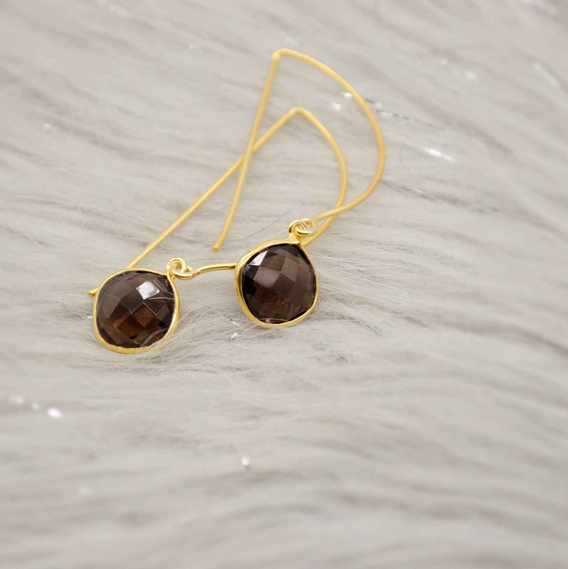 Smoky Quartz Gold Earrings, Black Quartz Dangle Drop Earrings, Smokey Quartz Jewelry, Birthday Gift For Her