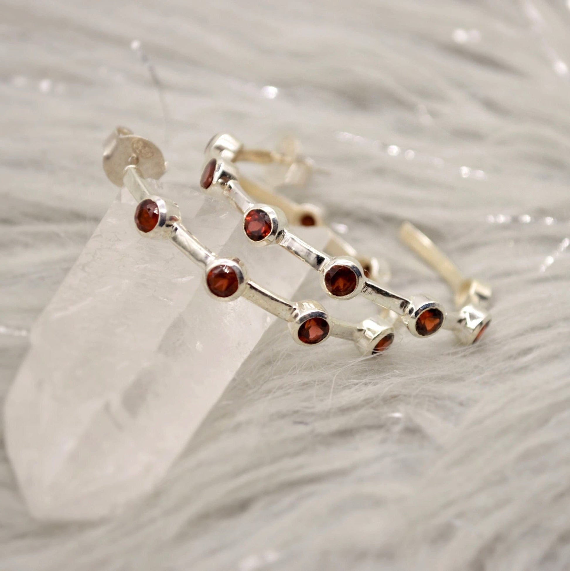 Red Garnet Earrings, Ruby, Smoky Quartz Sterling Silver Hoop Earrings, January Birthstone, July Birthstone, Unique Gemstone Earrings