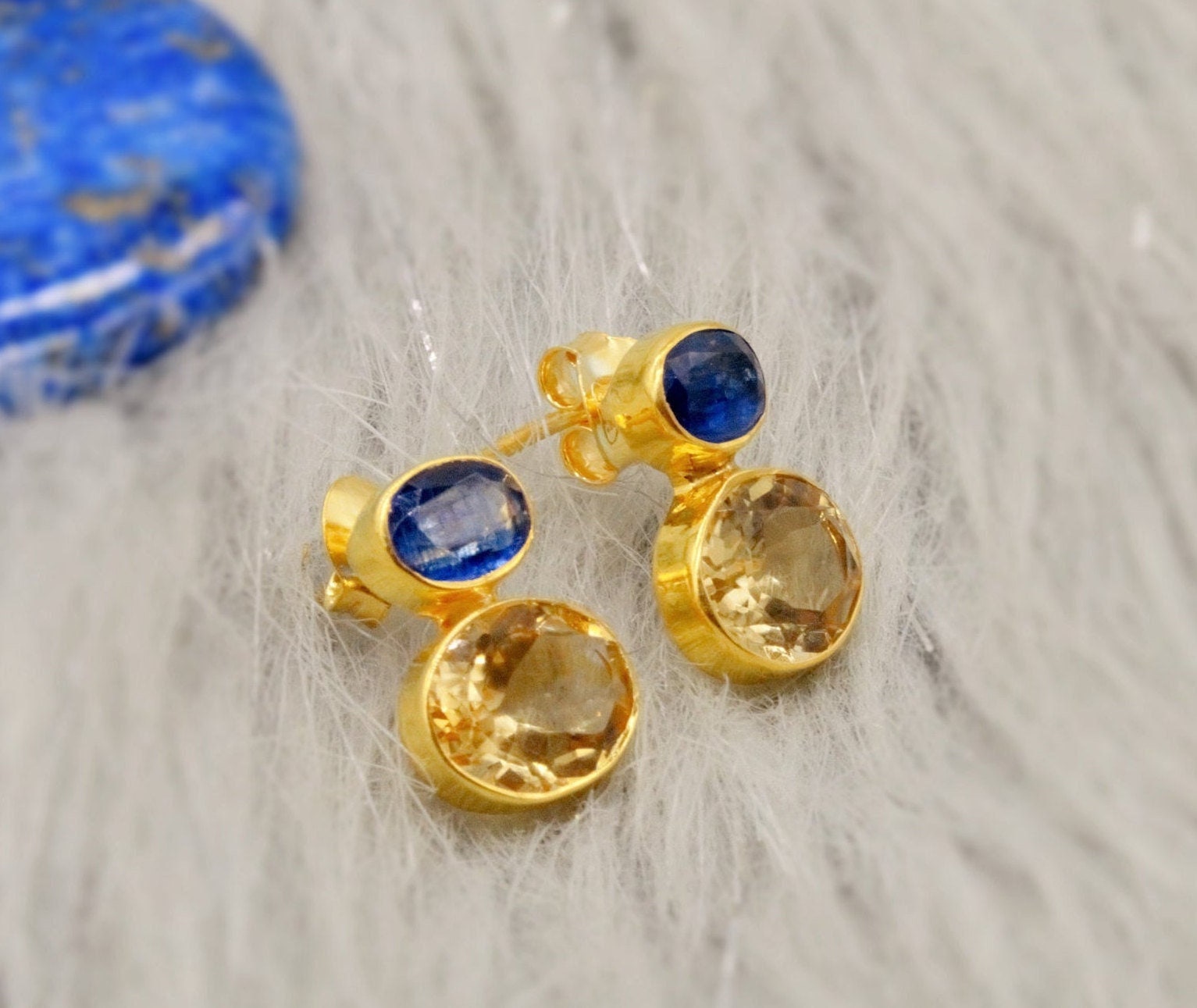 Kyanite, Citrine Gold Earrings, Gold Plated Silver Stud Earrings, Citrine Jewelry, Unique Statement Earrings, November Stone, Gift For Her