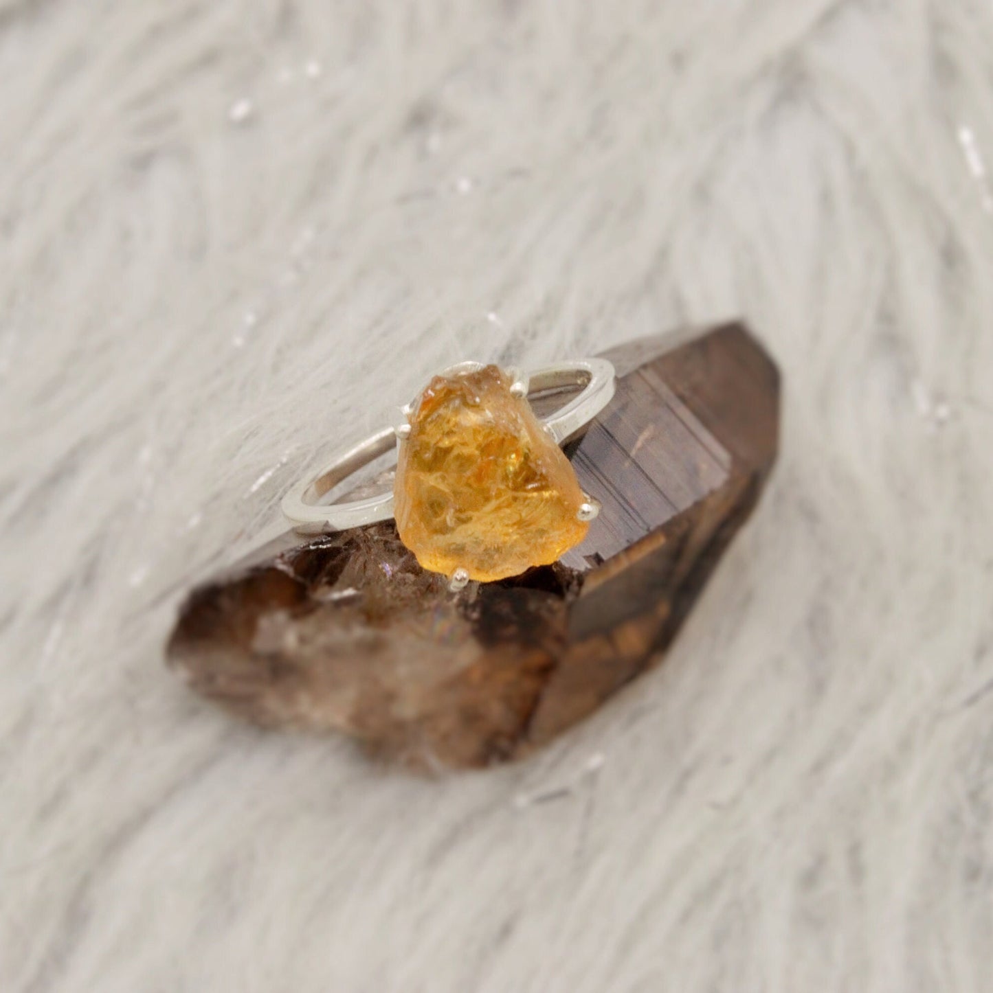 Raw Citrine Ring, Sterling Silver Dainty Gem Ring, UK Size S 1/2, November Birthstone, Gemstone Rings For Women, Birthday Gifts For Her