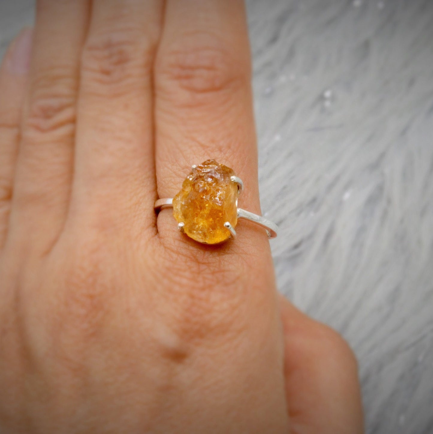 Raw Citrine Ring, Sterling Silver Dainty Gem Ring, UK Size S 1/2, November Birthstone, Gemstone Rings For Women, Birthday Gifts For Her