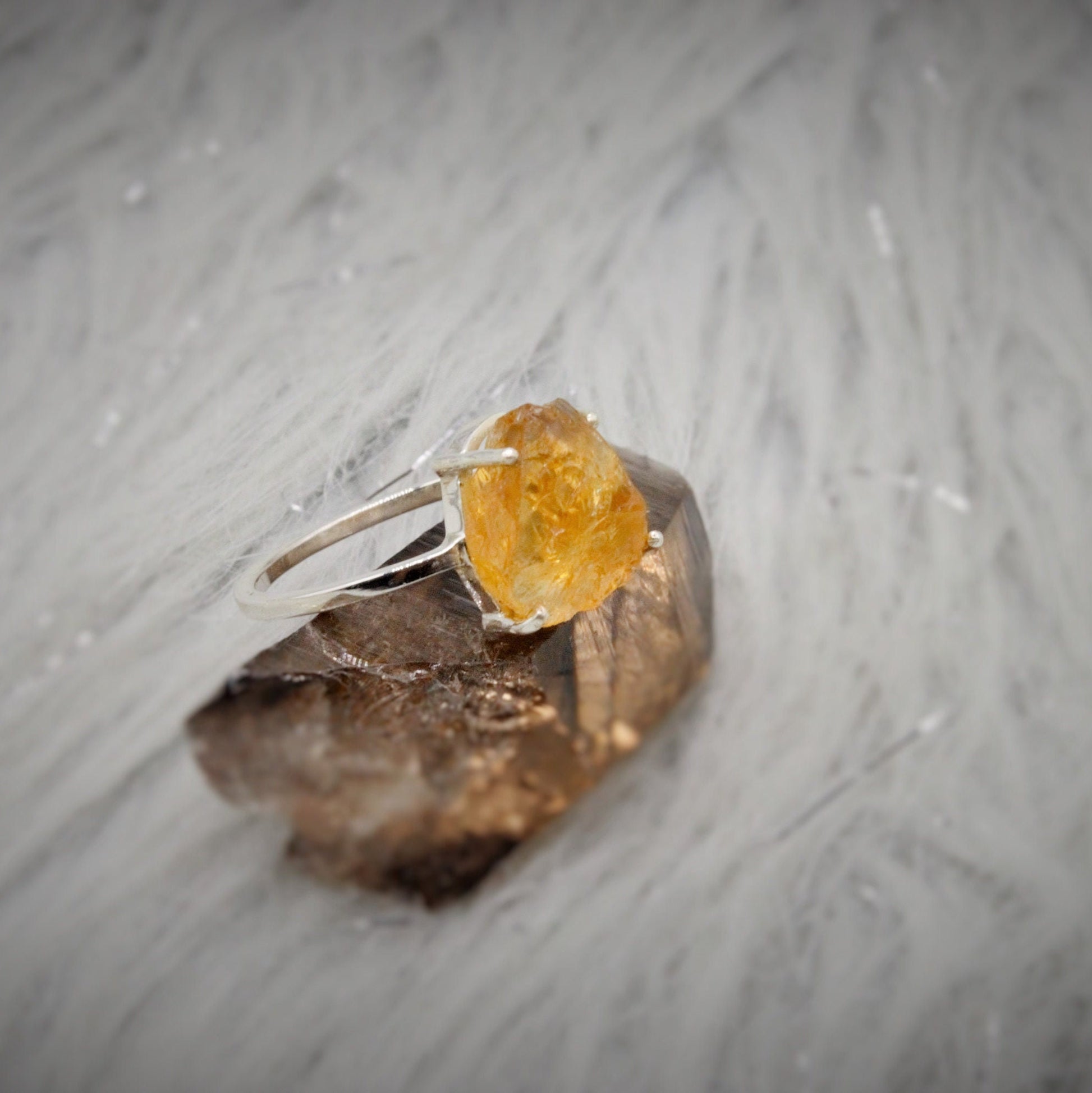 Raw Citrine Ring, Sterling Silver Dainty Gem Ring, UK Size S 1/2, November Birthstone, Gemstone Rings For Women, Birthday Gifts For Her