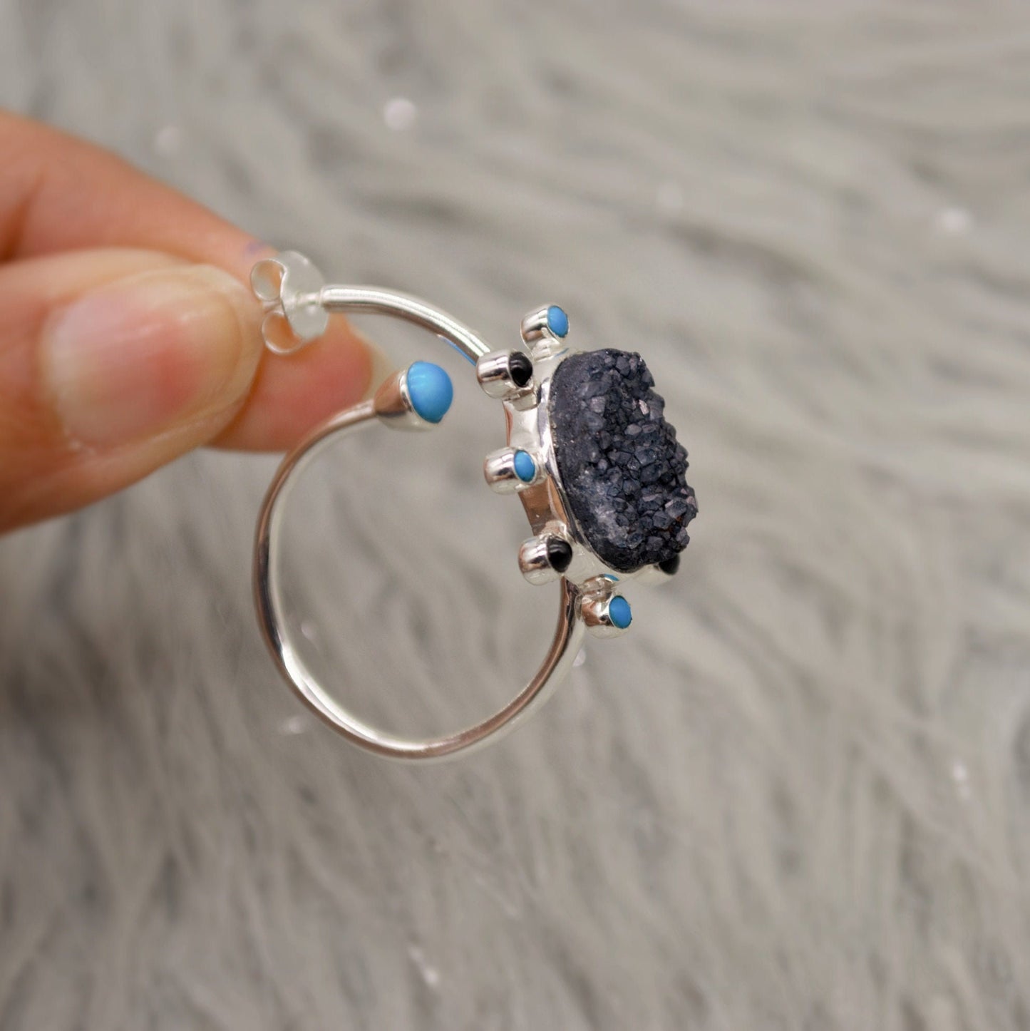 Black Onyx, Agate, Turquoise Earrings, Sterling Silver, Turquoise Birthstone Jewelry, Unique Druzy Gemstone Earrings