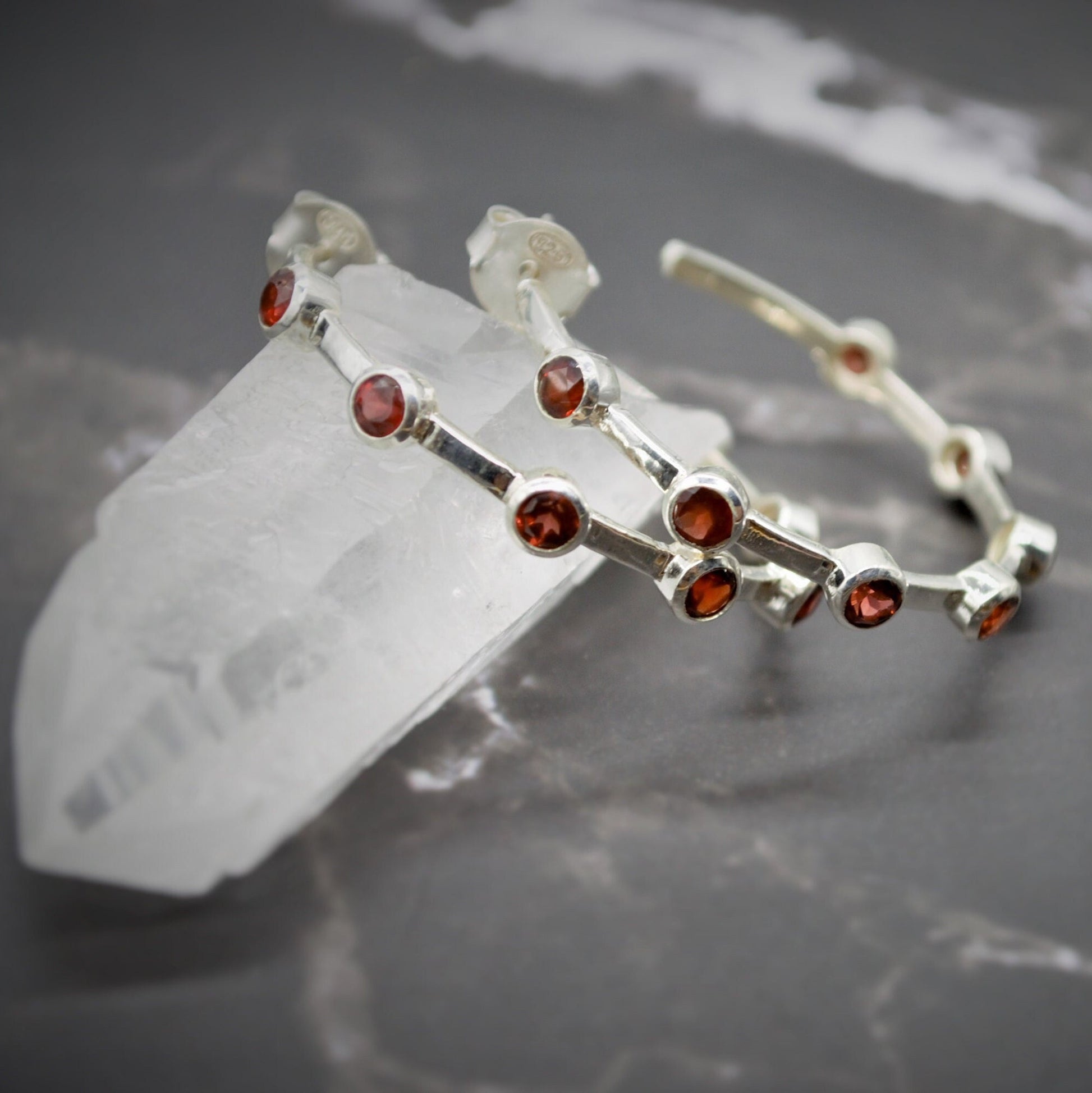 Red Garnet Earrings, Ruby, Smoky Quartz Sterling Silver Hoop Earrings, January Birthstone, July Birthstone, Unique Gemstone Earrings