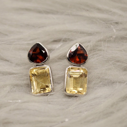 Garnet Citrine Silver Stud Earrings, Unique 925 Sterling Silver Earrings, January, November Birthstone, Birthday Gifts For Her, Valentine