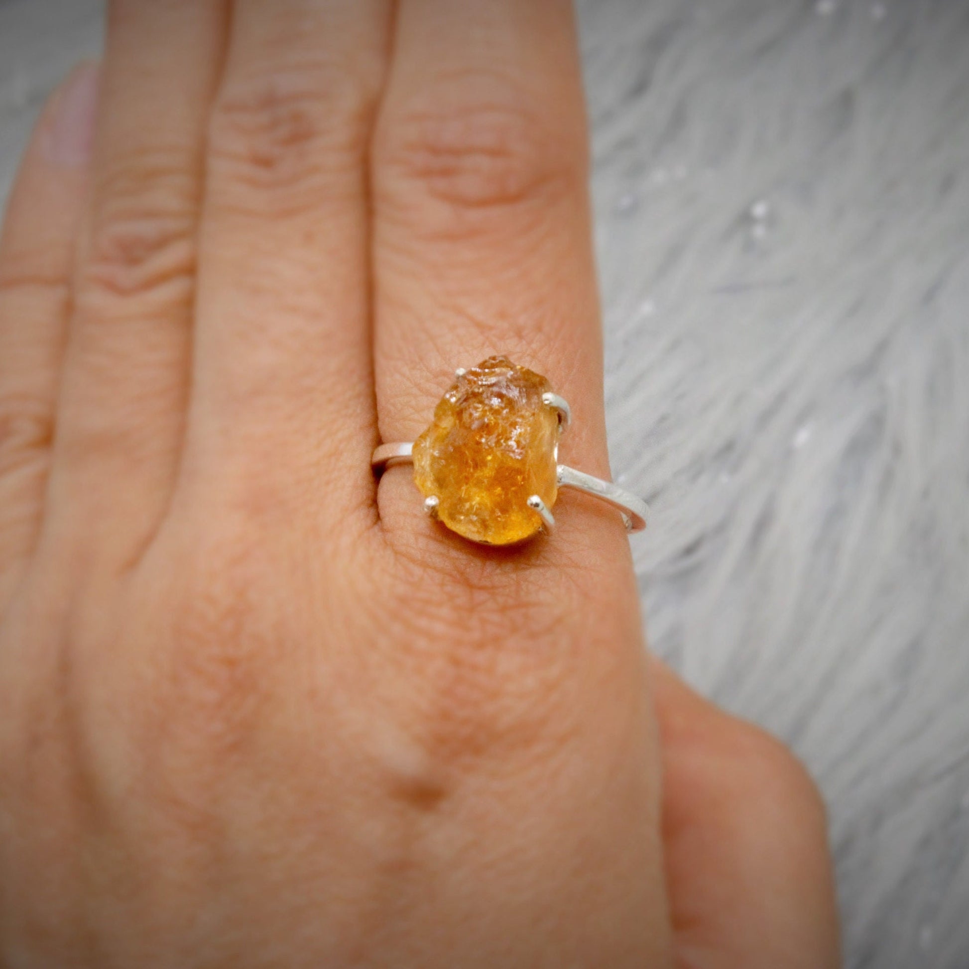 Raw Citrine Ring, Sterling Silver Dainty Gem Ring, UK Size S 1/2, November Birthstone, Gemstone Rings For Women, Birthday Gifts For Her