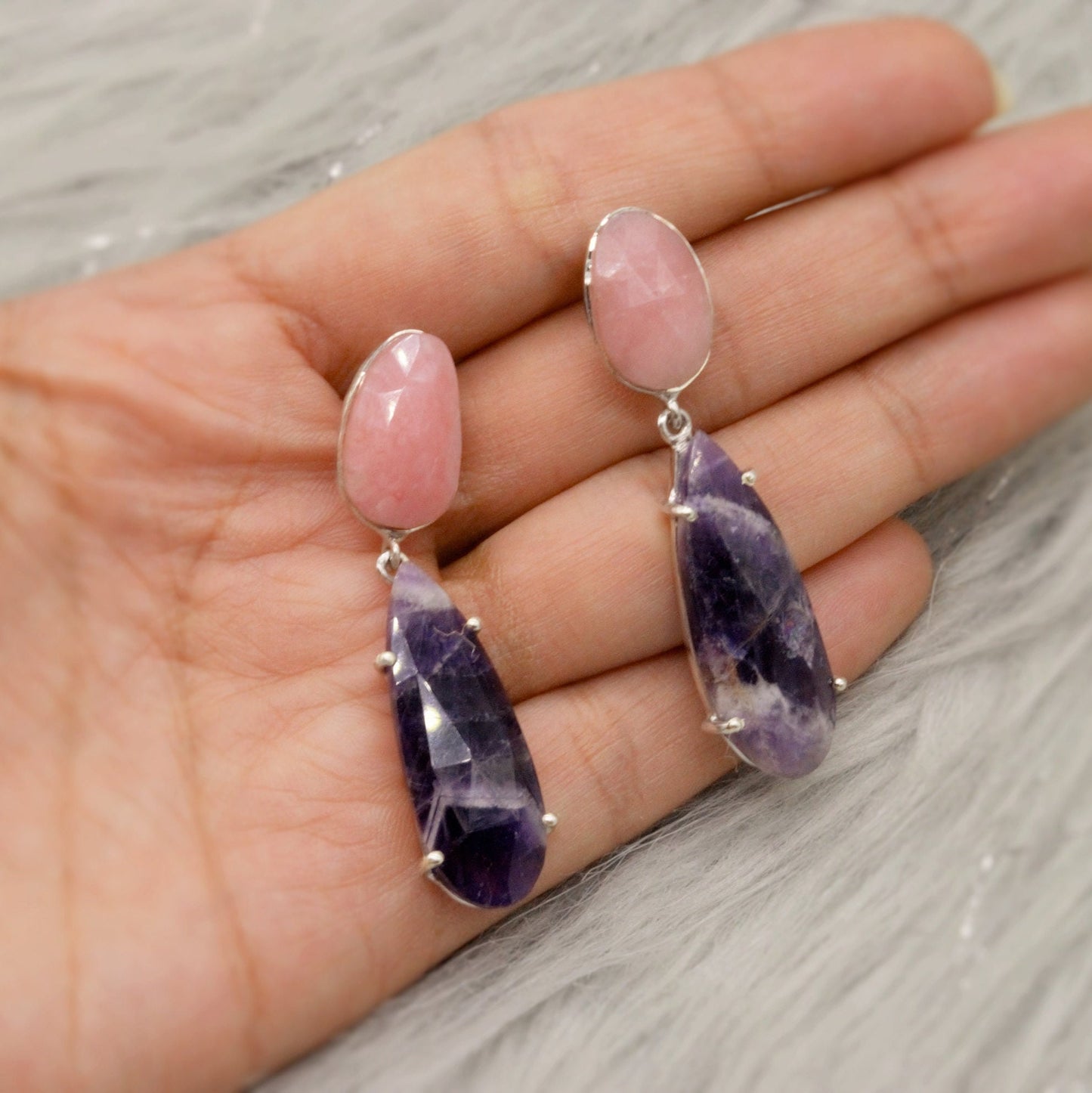 Pink Opal, Purple Amethyst Silver Earrings, February, October Birthstone, Dangle Drop Earrings, Birthday Gift For Her, Blue Peacock Earrings