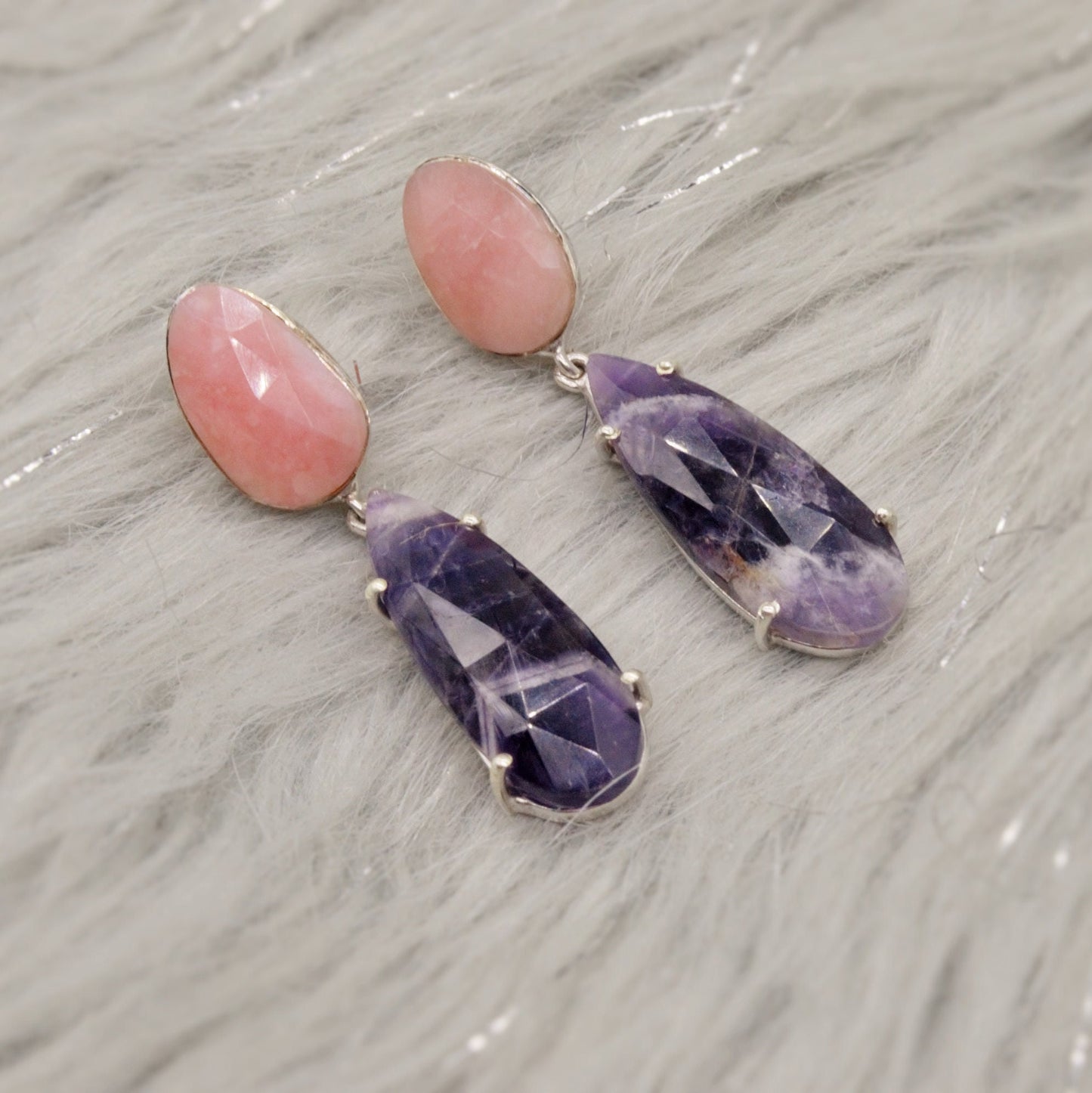 Pink Opal, Purple Amethyst Silver Earrings, February, October Birthstone, Dangle Drop Earrings, Birthday Gift For Her, Blue Peacock Earrings