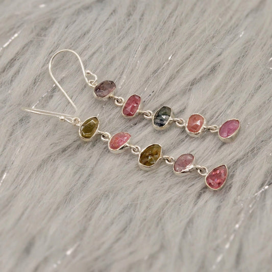 Mixed Tourmaline Earrings, Green Pink Tourmaline Sterling Silver, 925 Silver, Dangle Earrings, Gift for her