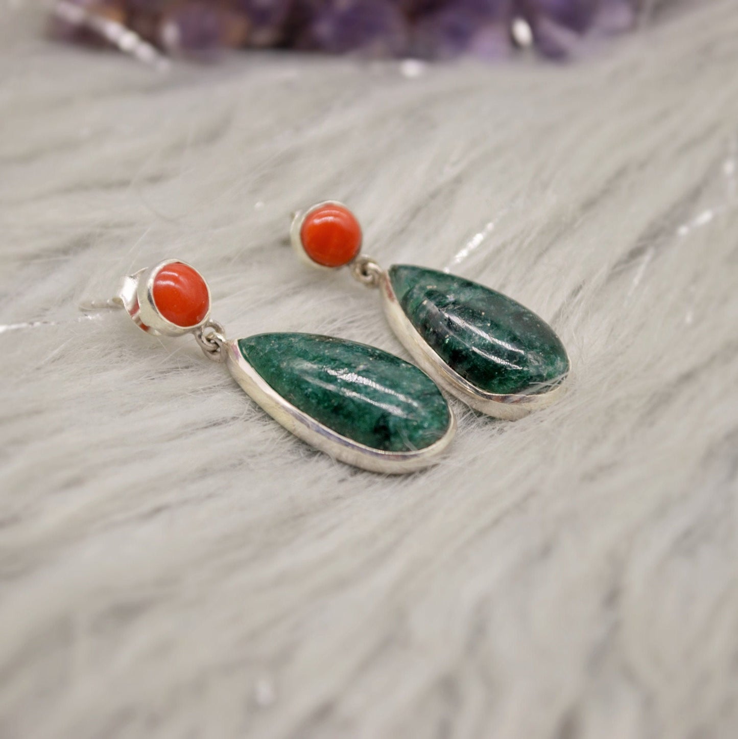 Green Emerald, Coral Dangle Drop Earrings, Sterling Silver Earrings, May Birthstone, Christmas, Birthday Gifts, Green Gemstone Earrings