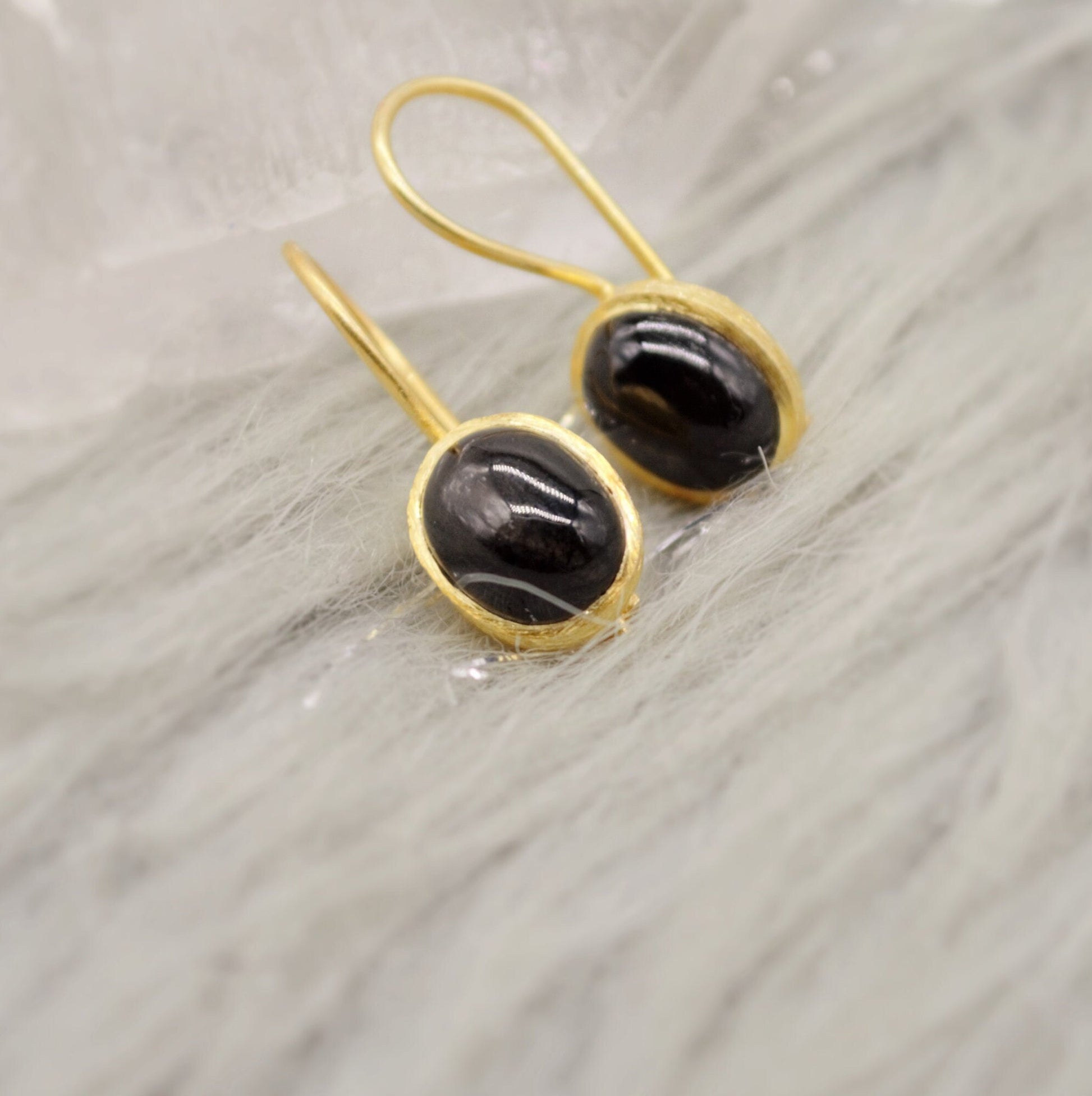 Black Onyx Gold Earrings, Gold Plated Sterling Silver Statement Gemstone Earrings, Unique Dangle, Black Onyx Jewelry, Birthday Gift For Her